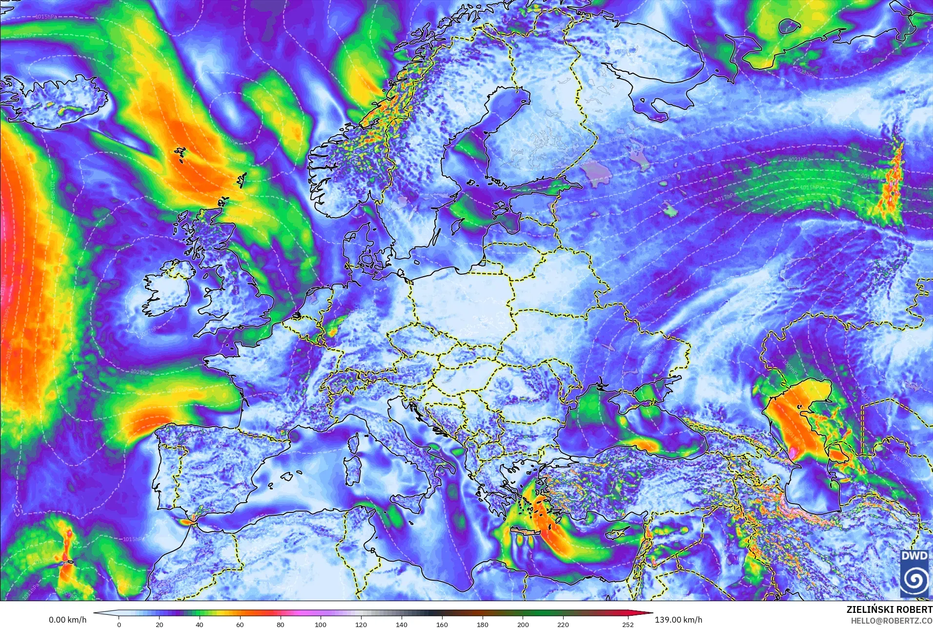 ICON modelo - Europa, Ráfagas de viento