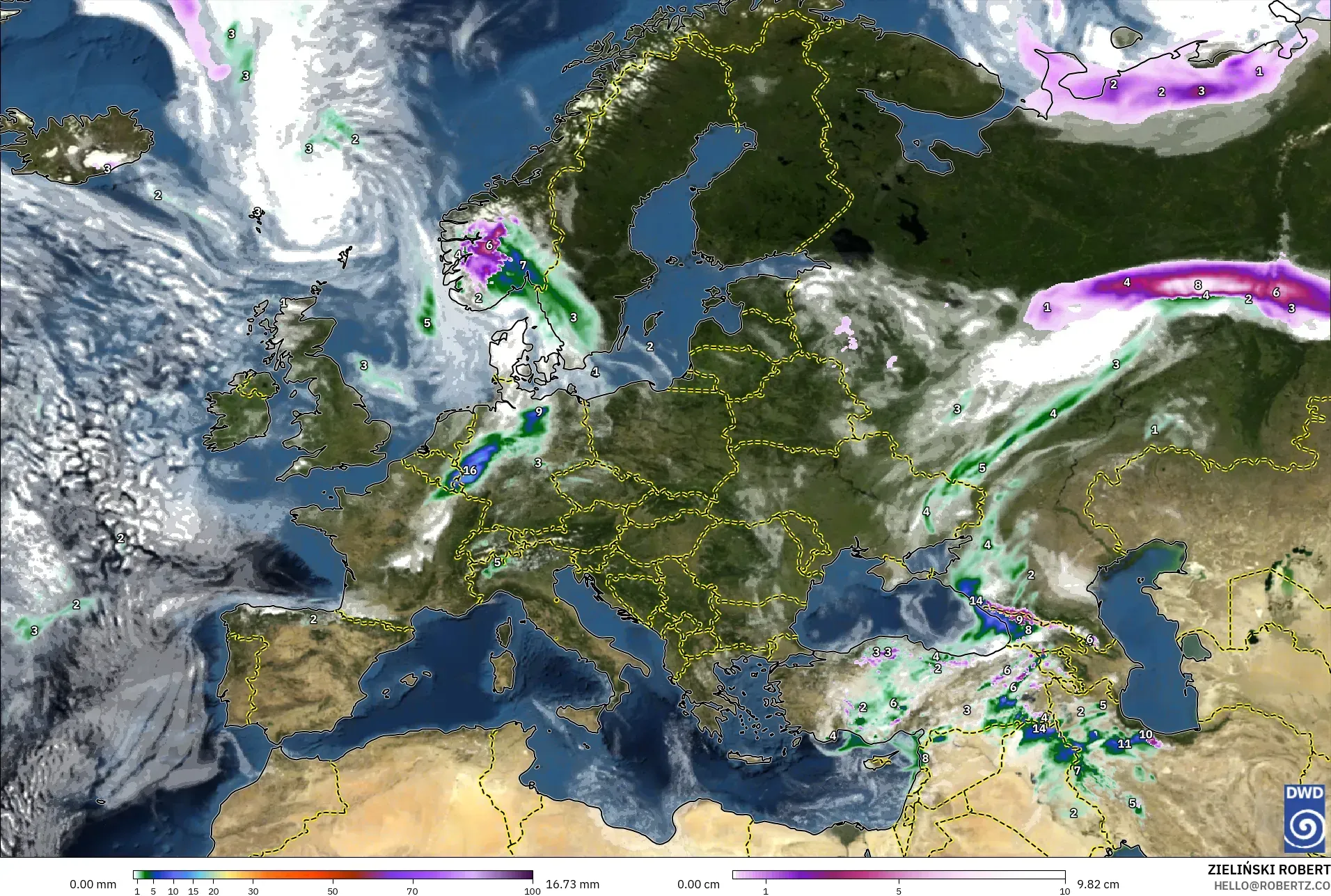 ICON modelo - Europa, Precipitación, nubes y presión
