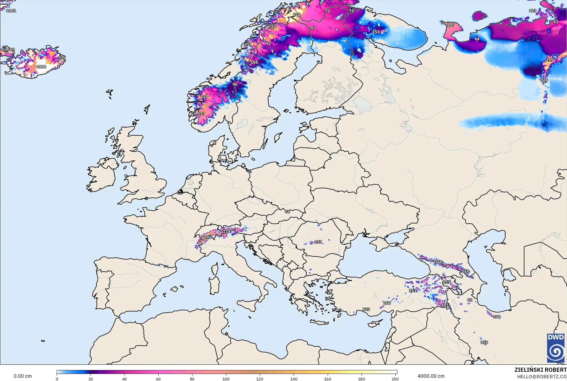 ICON modelo - Europa, Profundidad de nieve