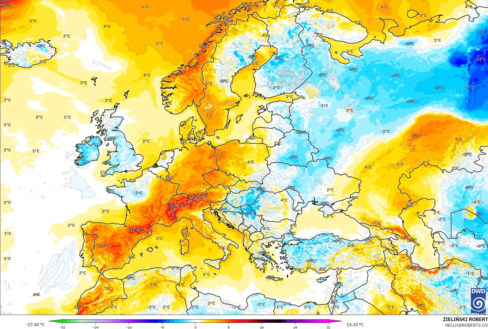 ICON modelo - Europa, Anomalía de temperatura a 2 m