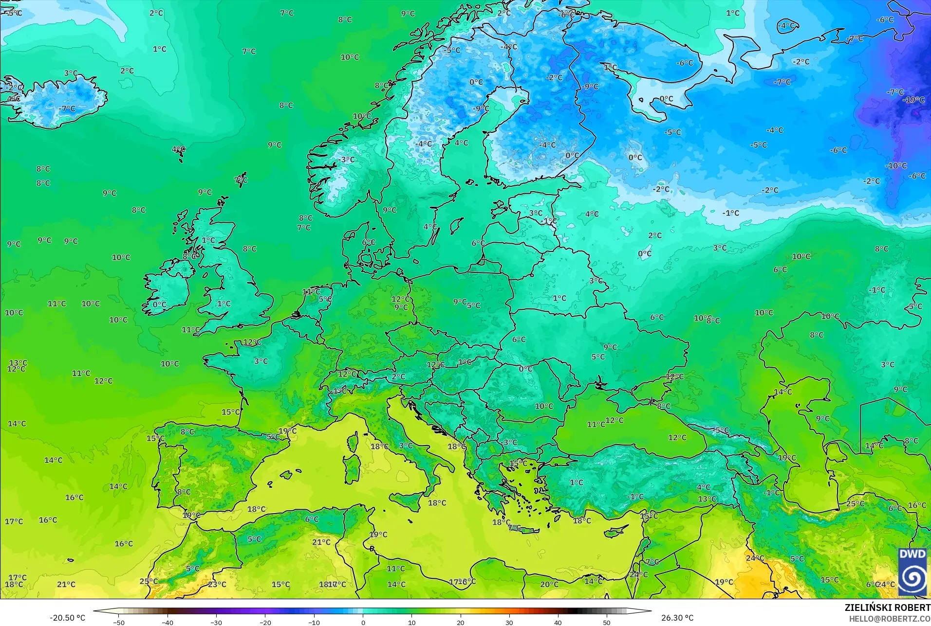 ICON modelo - Europa, Temperatura a 2 m