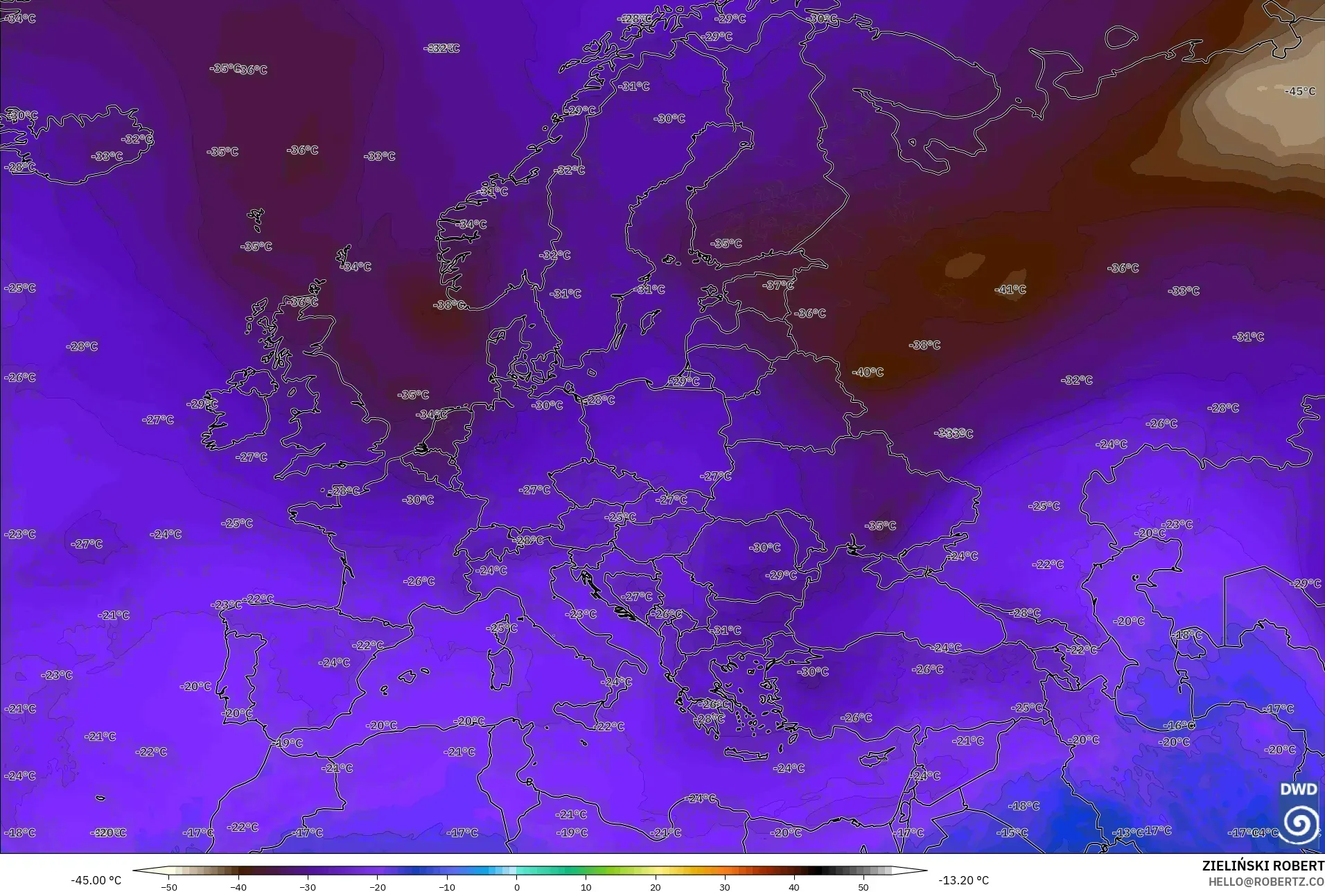 ICON modelo - Europa, Temperatura a 500 hPa