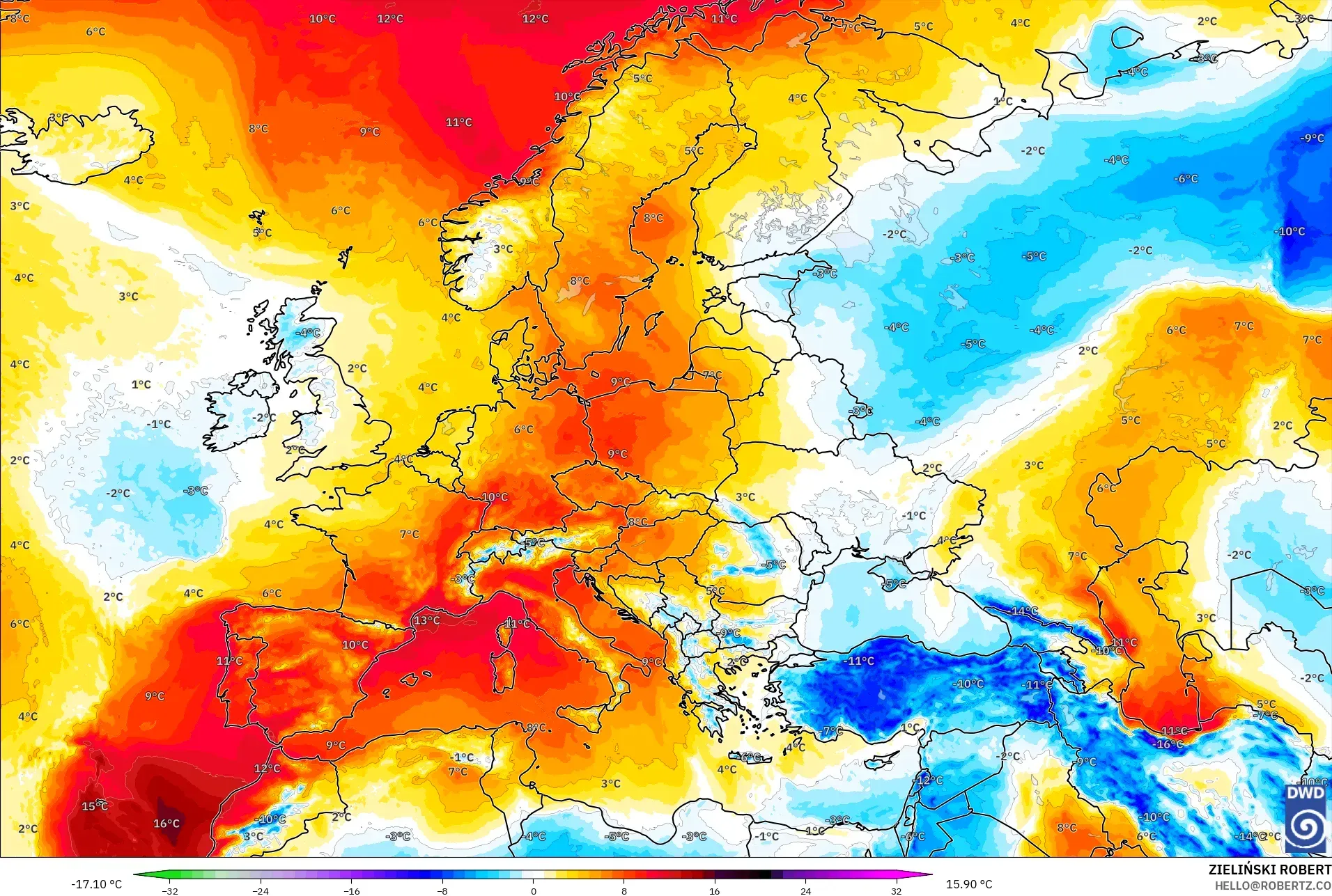 ICON modelo - Europa, Anomalía de temperatura a 850 hPa