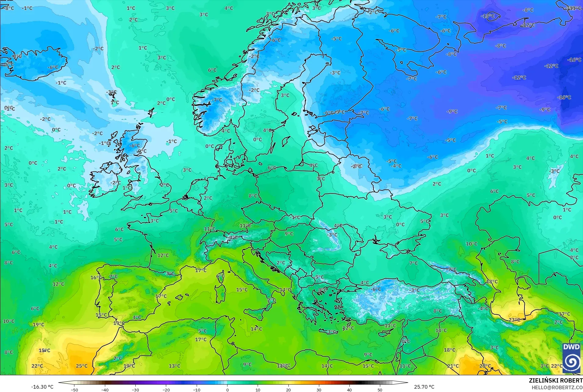 ICON modelo - Europa, Temperatura a 850 hPa