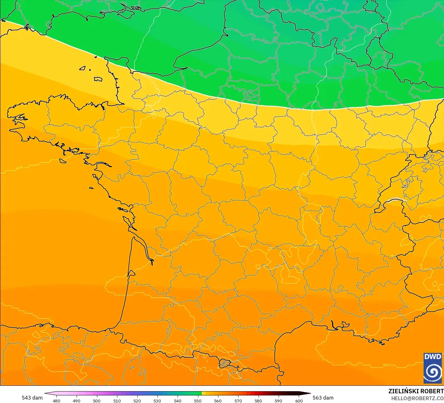 ICON modelo - Francia, Altura geopotencial a 500 hPa