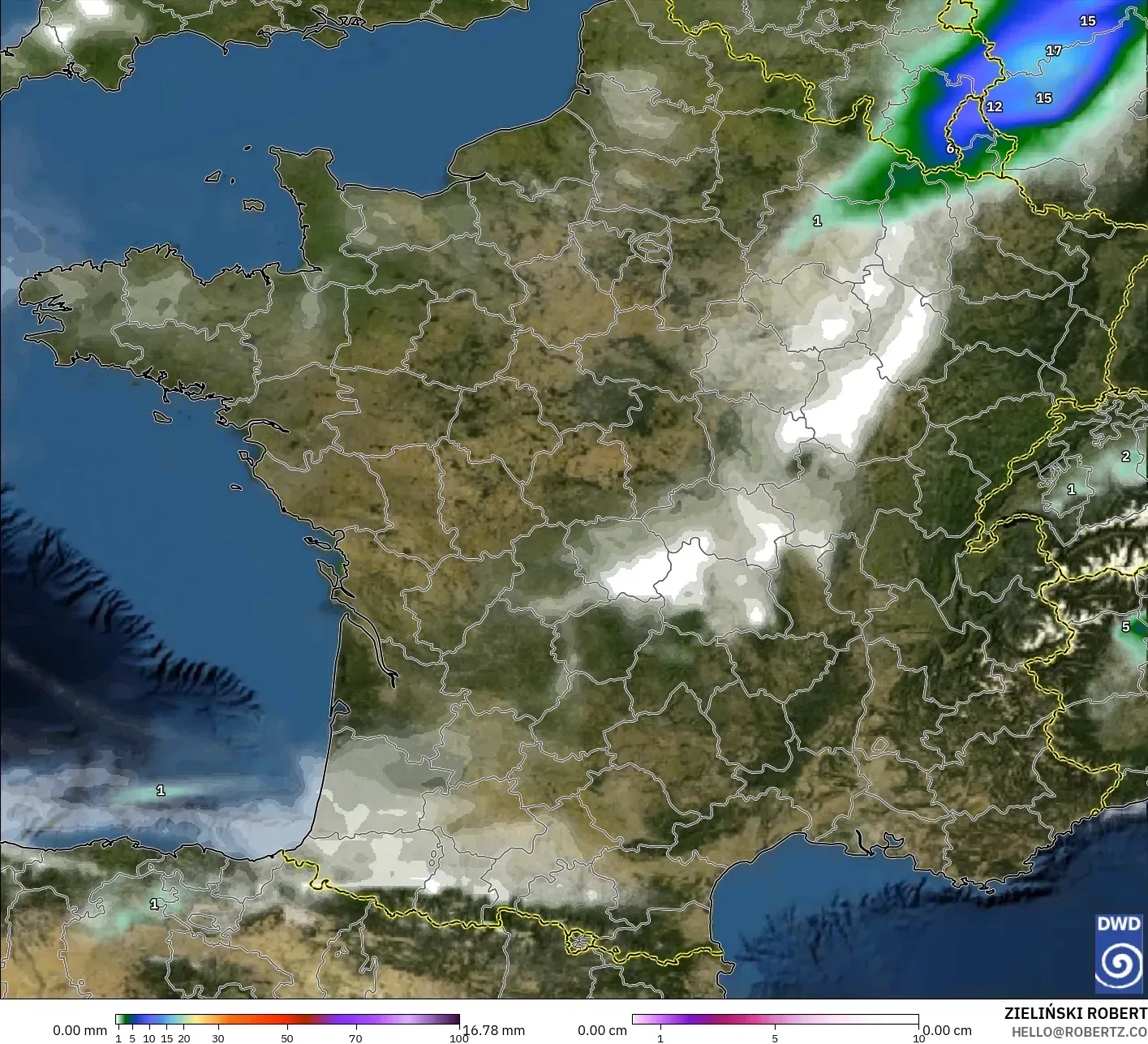 ICON modelo - Francia, Precipitación, nubes y presión