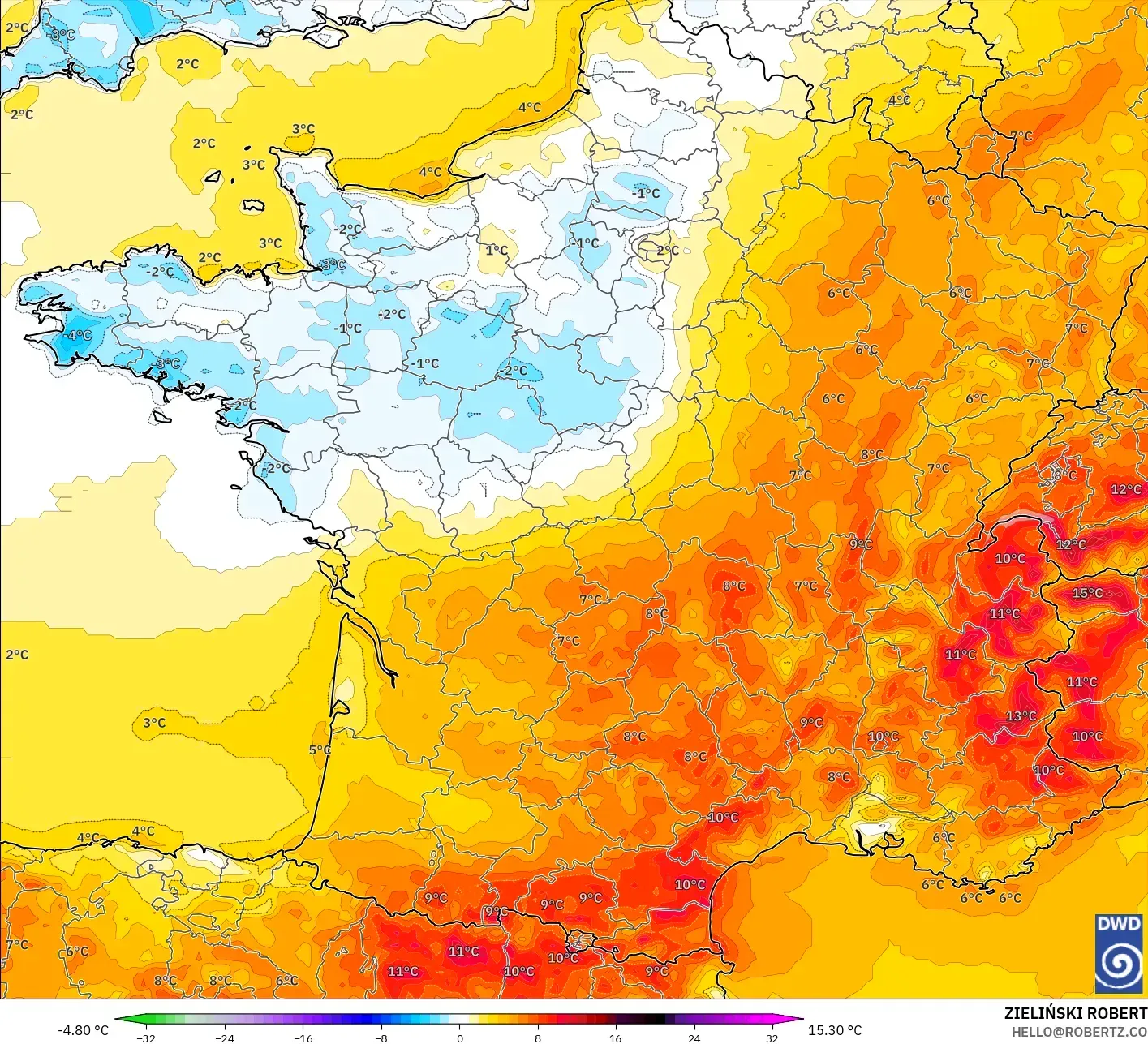 ICON modelo - Francia, Anomalía de temperatura a 2 m