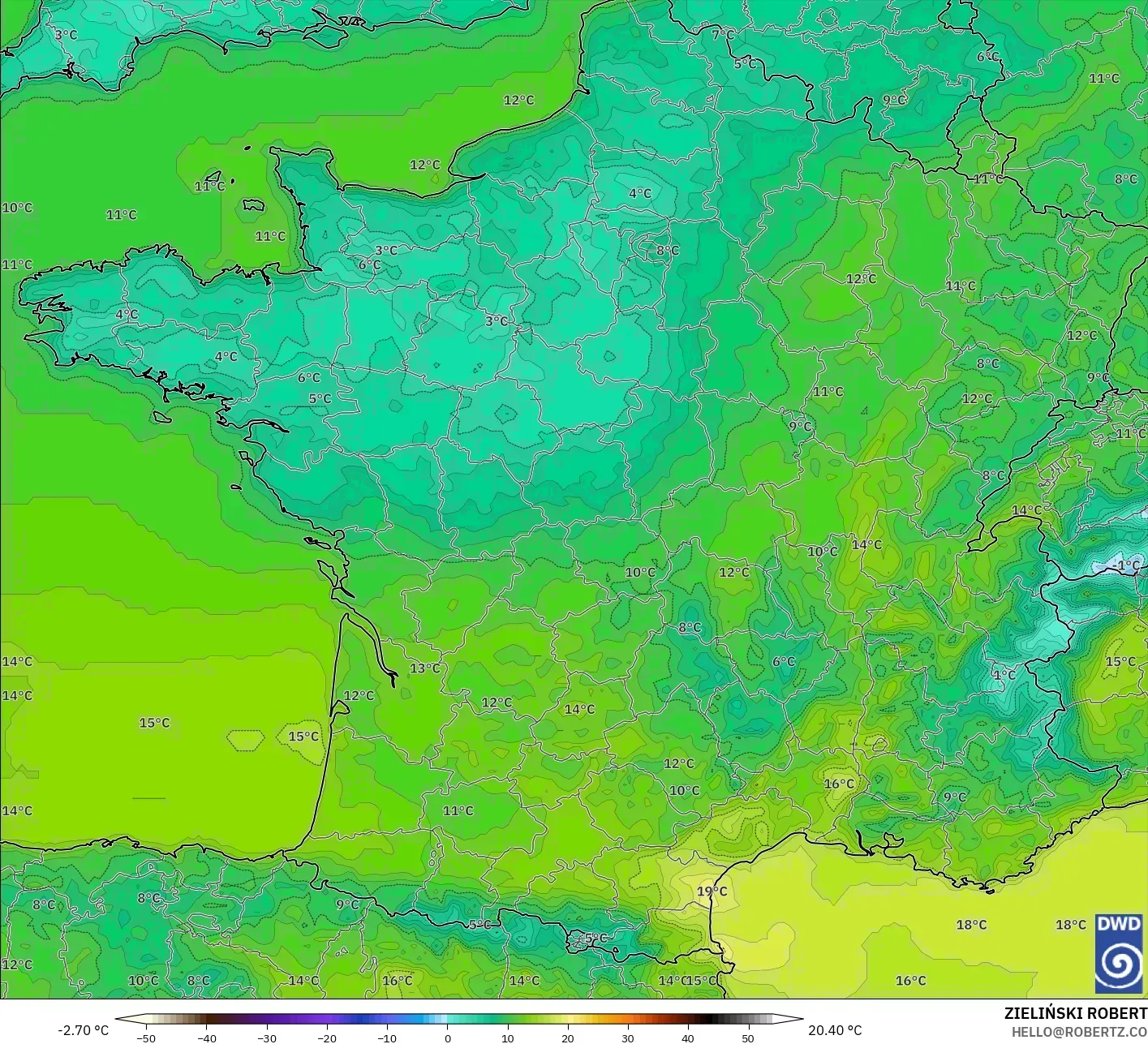 ICON modelo - Francia, Temperatura a 2 m
