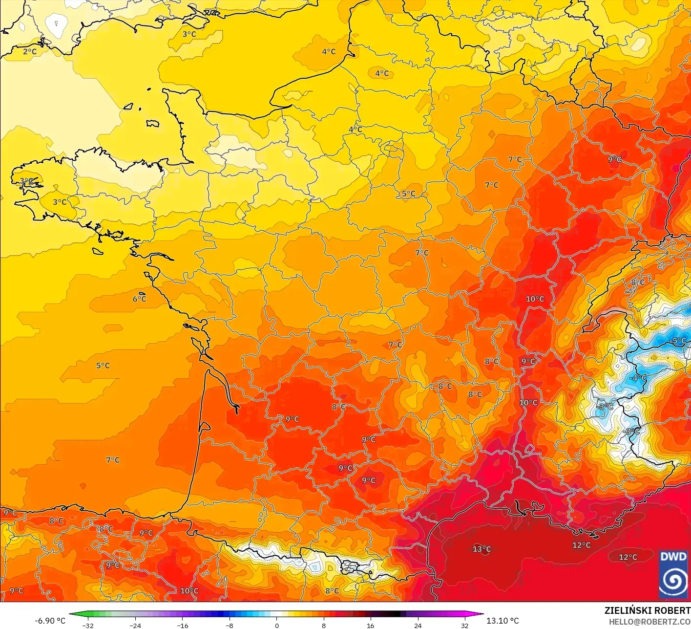 ICON modelo - Francia, Anomalía de temperatura a 850 hPa