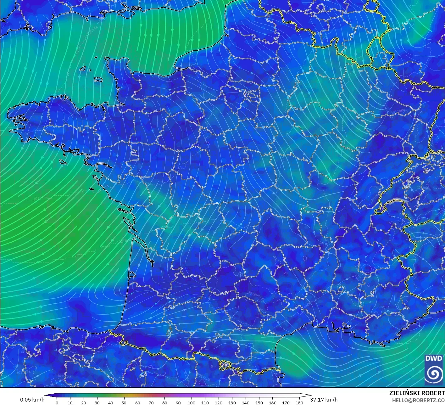 ICON modelo - Francia, Viento a 10 m