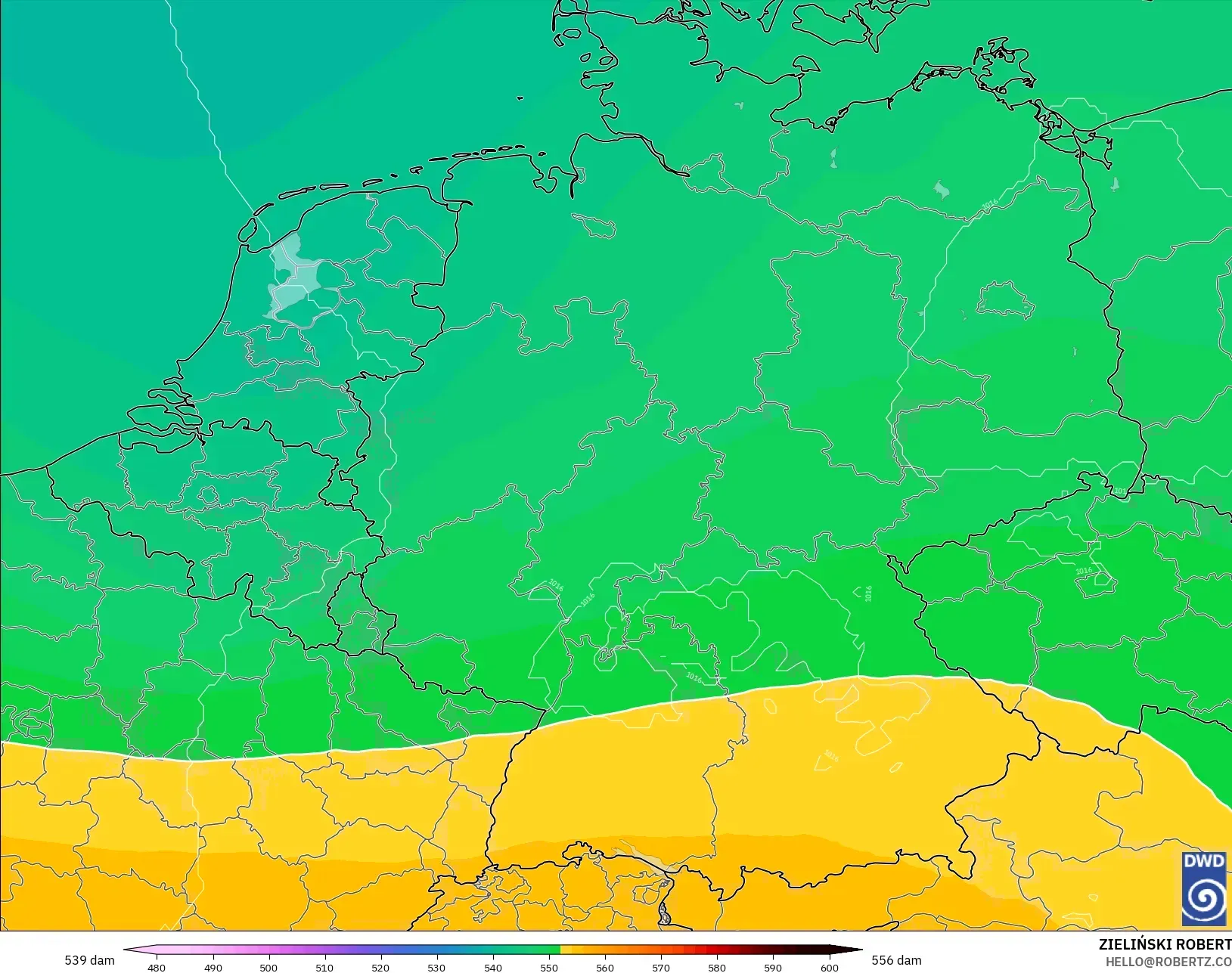 ICON modelo - Alemania, Altura geopotencial a 500 hPa