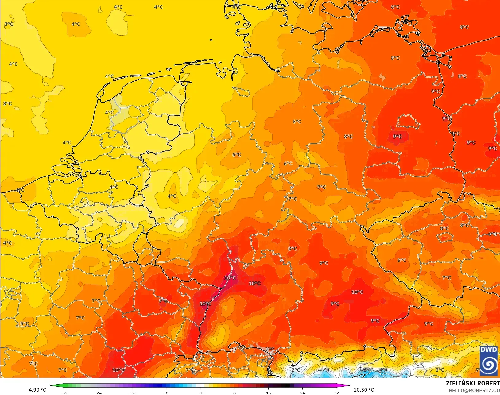 ICON modelo - Alemania, Anomalía de temperatura a 850 hPa