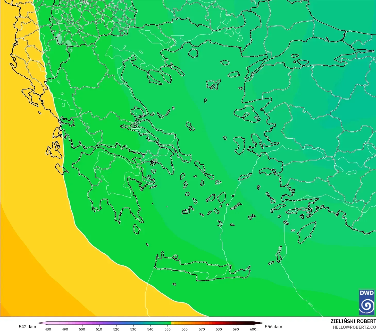 ICON modelo - Grecia, Altura geopotencial a 500 hPa