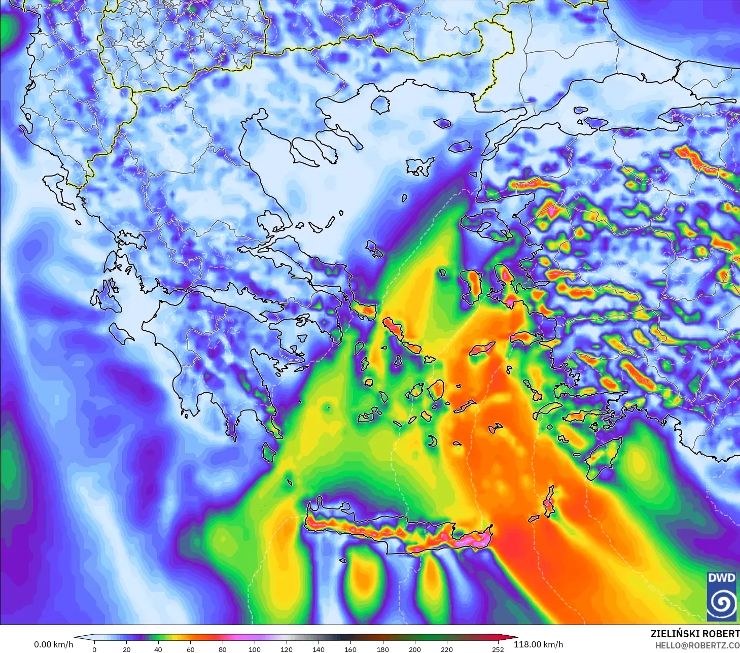 ICON modelo - Grecia, Ráfagas de Viento Máximas