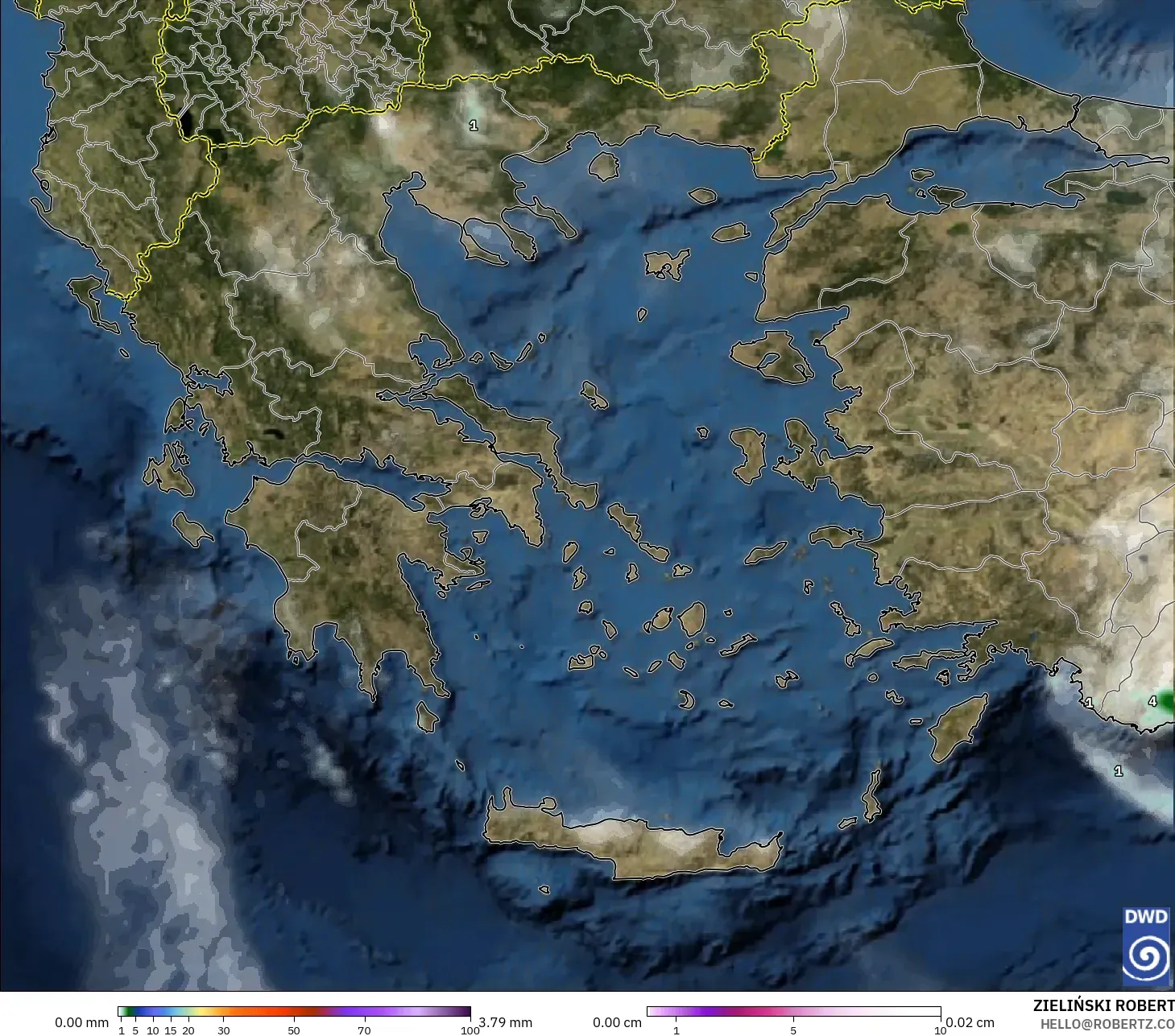 ICON modelo - Grecia, Precipitación, nubes y presión