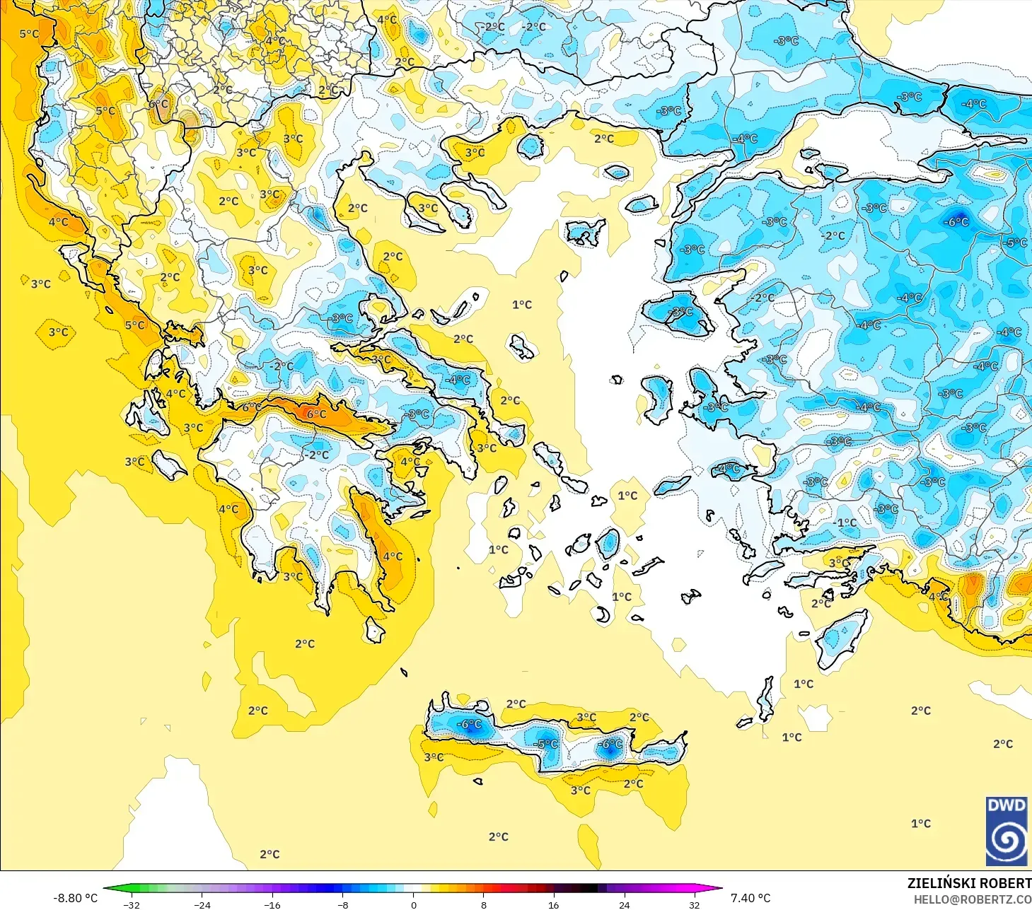 ICON modelo - Grecia, Anomalía de temperatura a 2 m