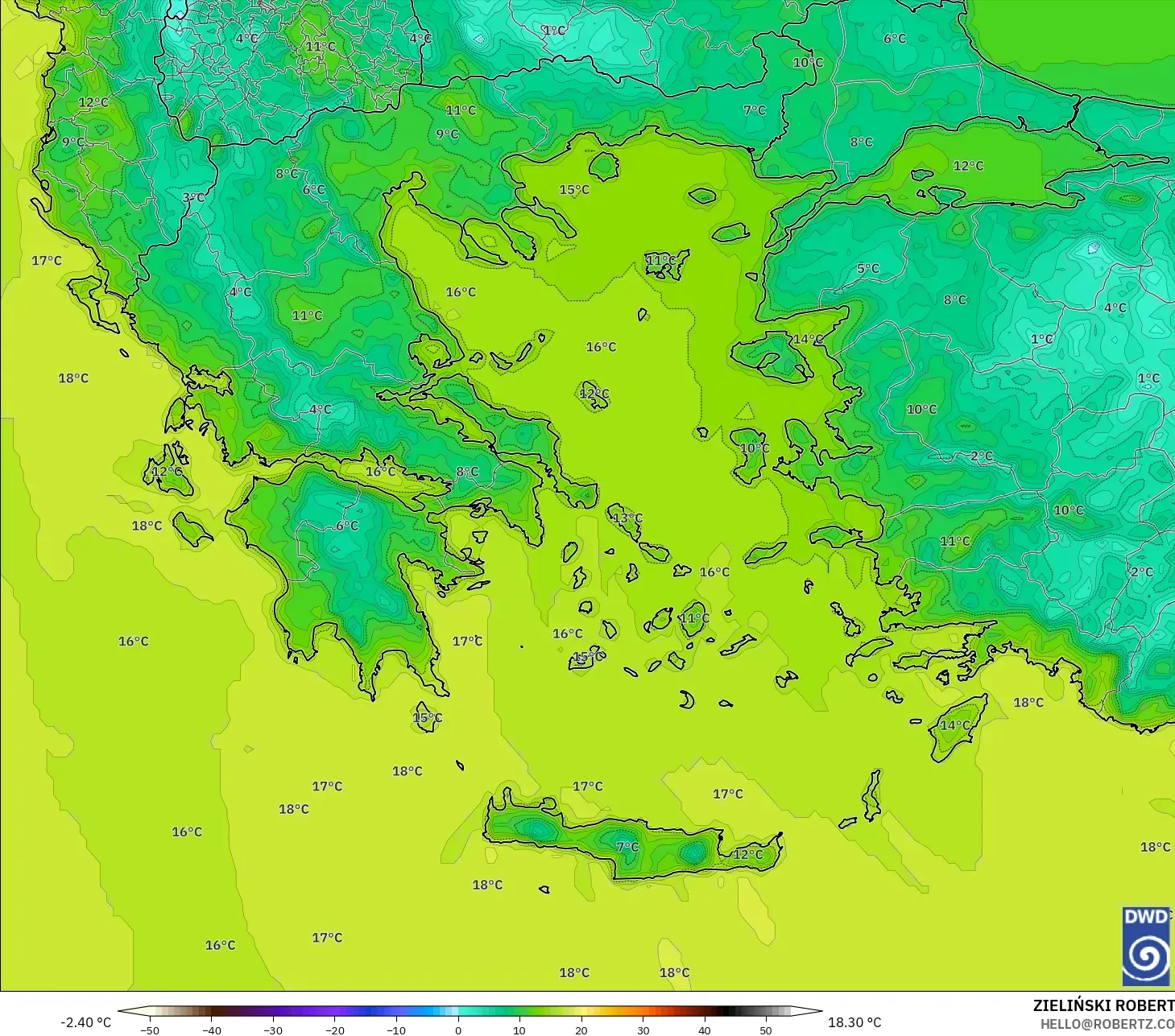 ICON modelo - Grecia, Temperatura a 2 m