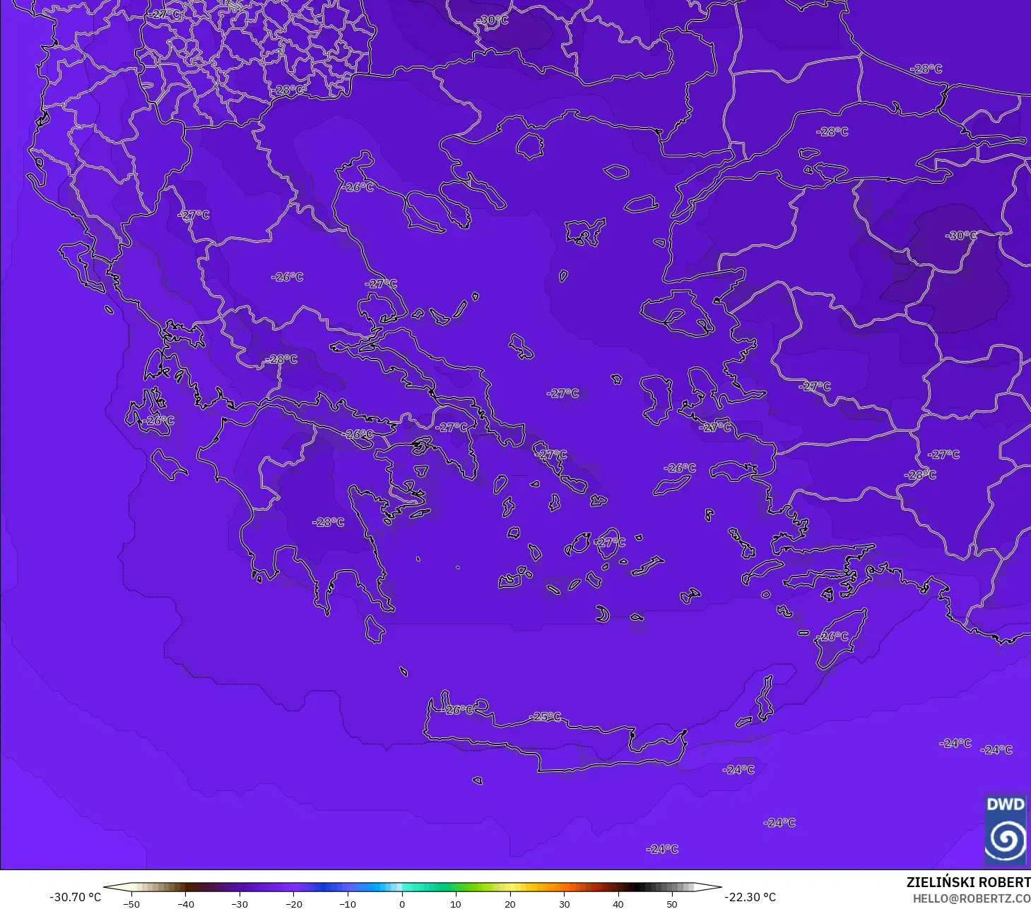ICON modelo - Grecia, Temperatura a 500 hPa