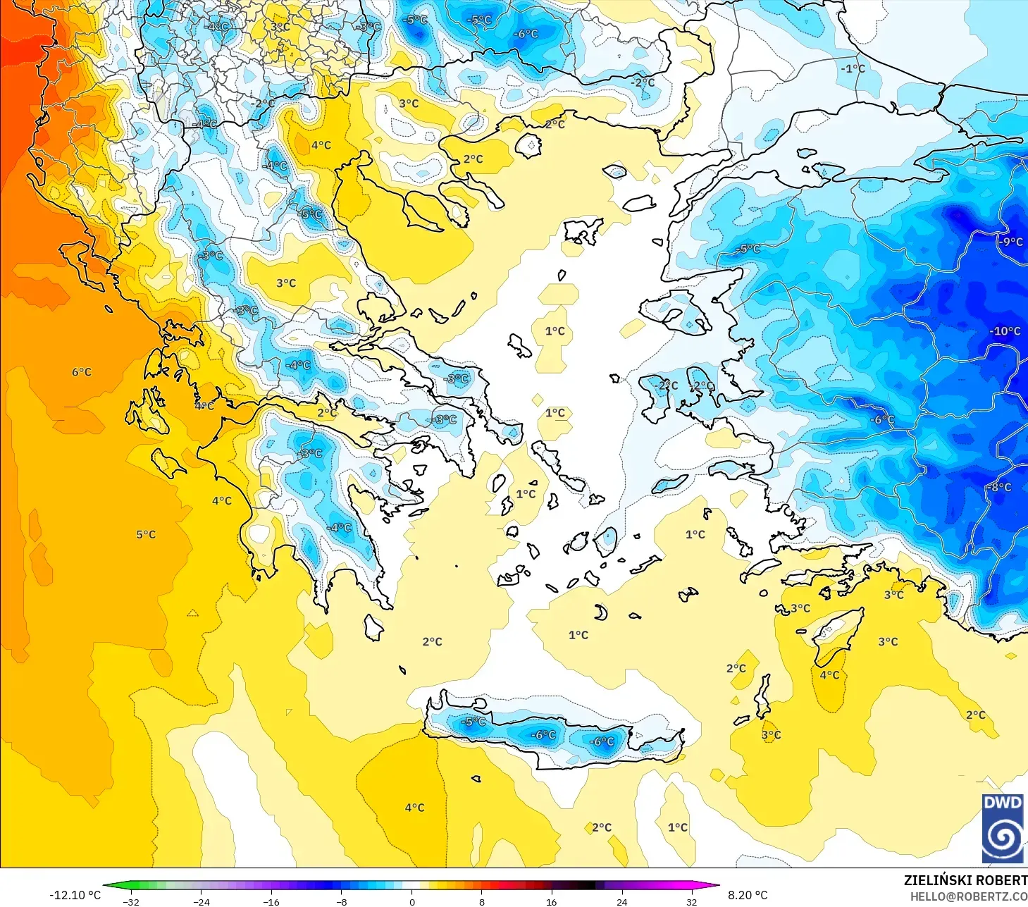 ICON modelo - Grecia, Anomalía de temperatura a 850 hPa
