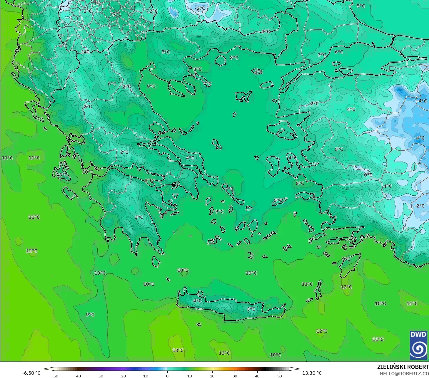 ICON modelo - Grecia, Temperatura a 850 hPa