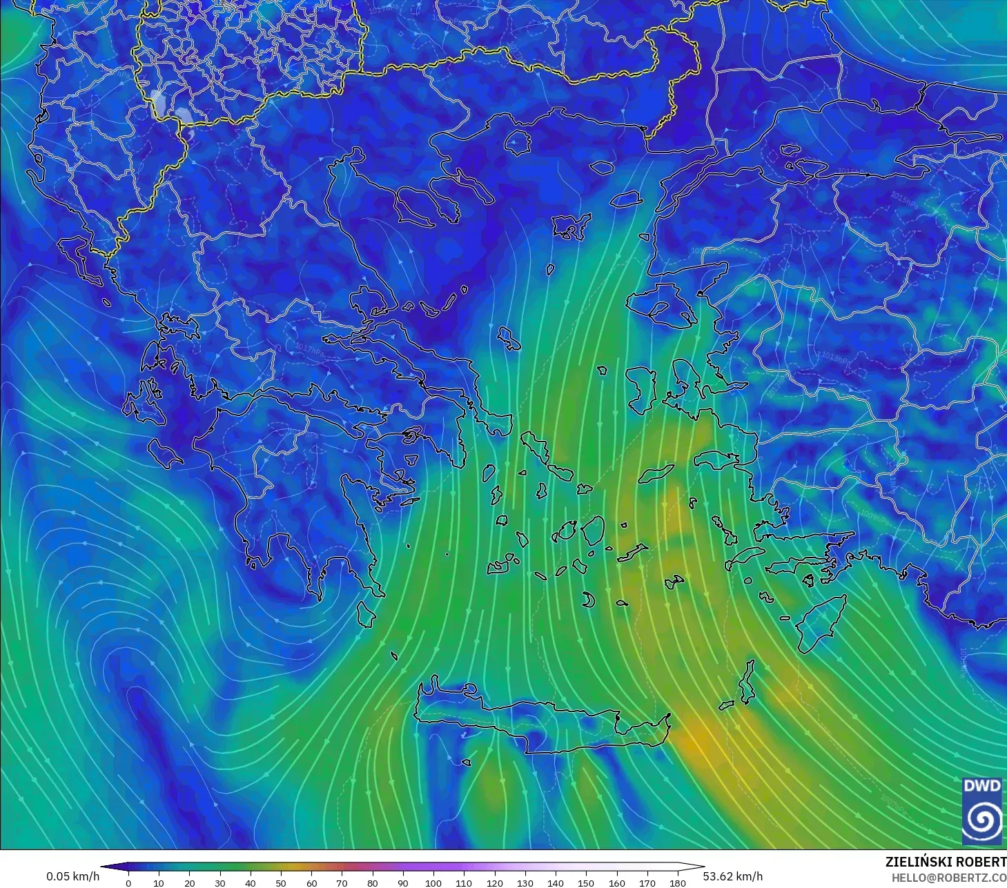 ICON modelo - Grecia, Viento a 10 m