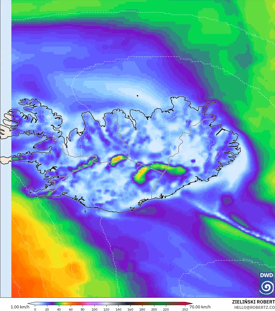 ICON modelo - Islandia, Ráfagas de viento