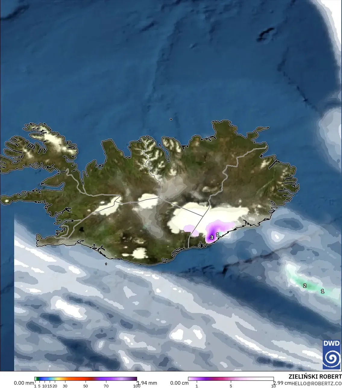 ICON modelo - Islandia, Precipitación, nubes y presión