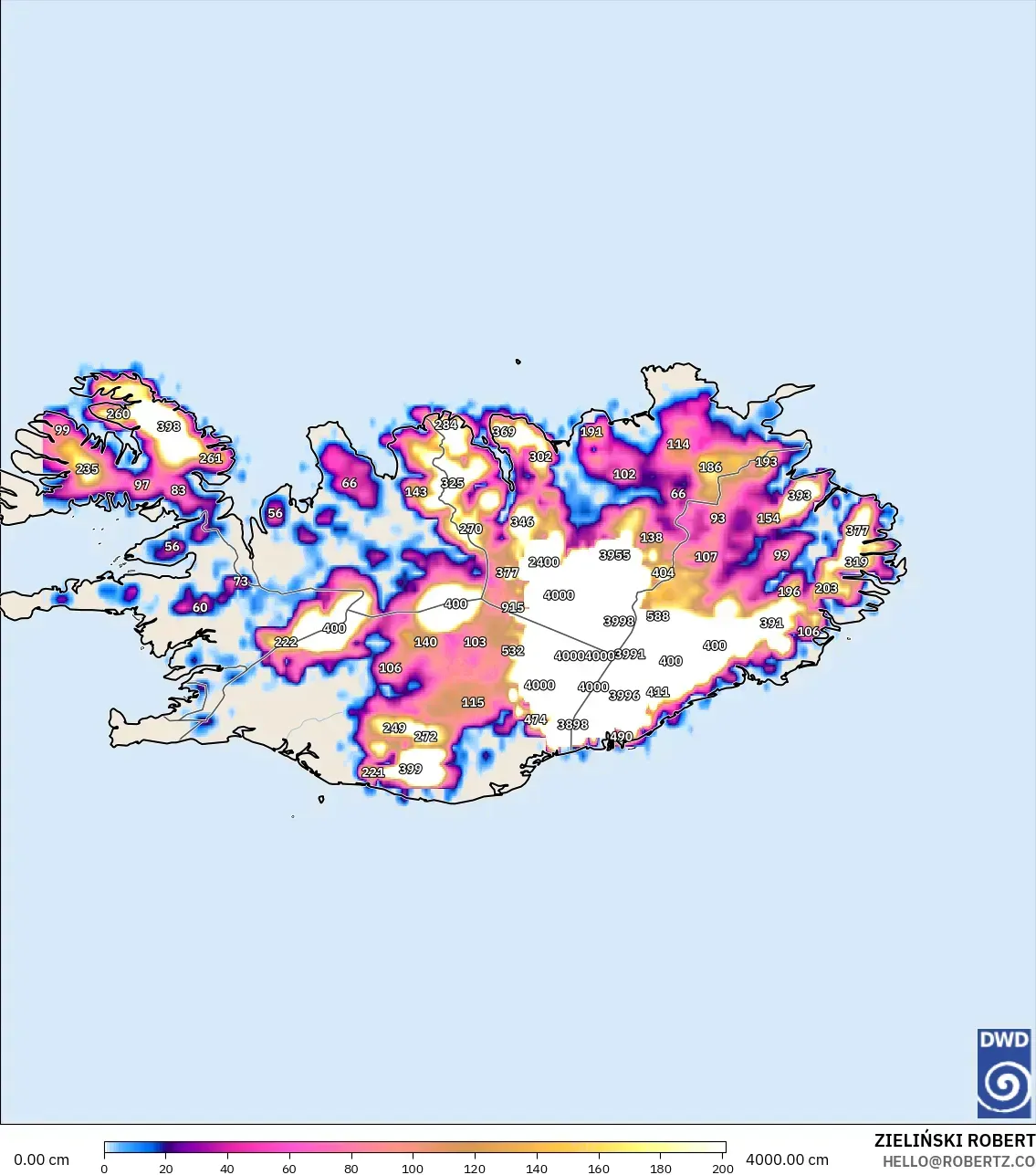 ICON modelo - Islandia, Profundidad de nieve