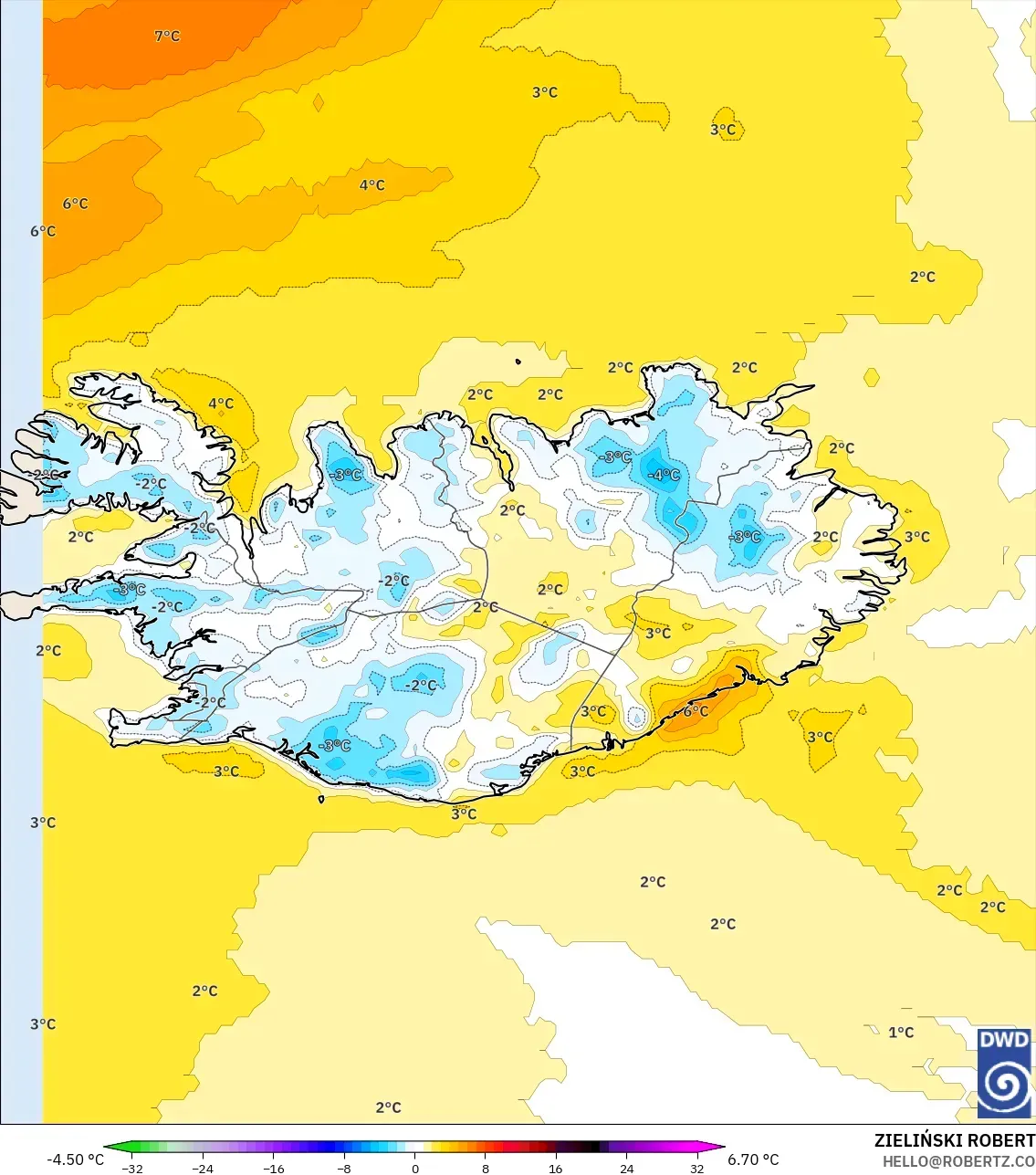 ICON modelo - Islandia, Anomalía de temperatura a 2 m