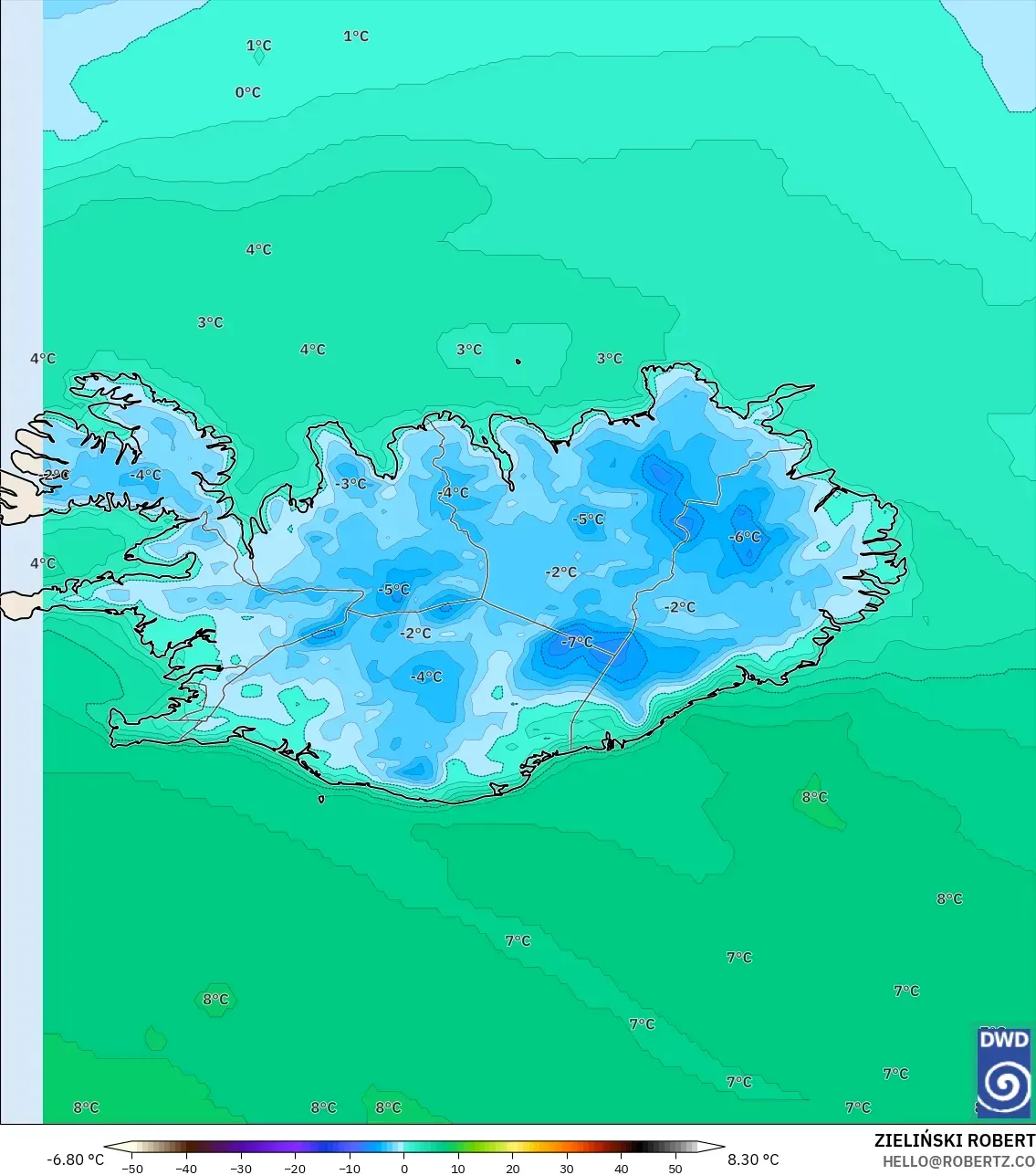 ICON modelo - Islandia, Temperatura a 2 m