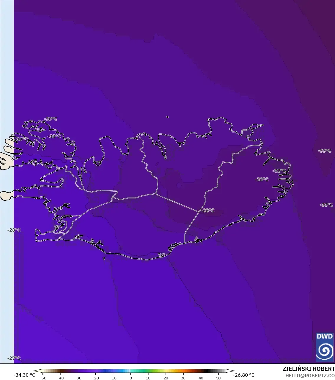 ICON modelo - Islandia, Temperatura a 500 hPa