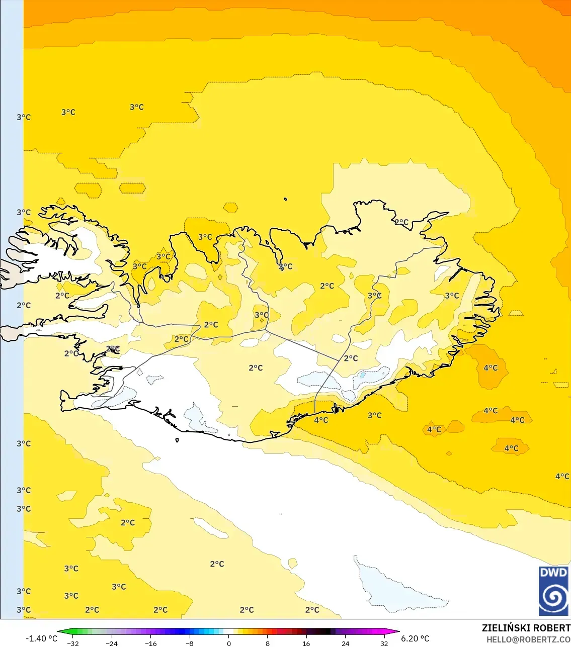 ICON modelo - Islandia, Anomalía de temperatura a 850 hPa
