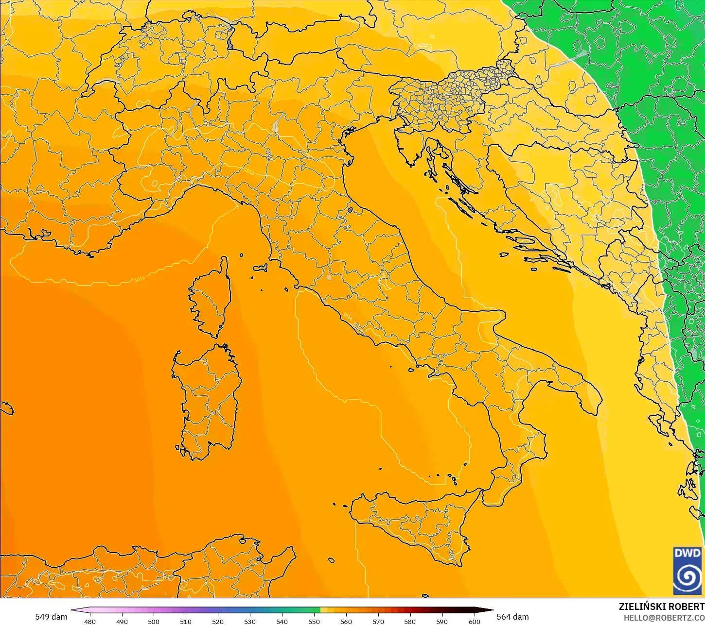 ICON modelo - Italia, Altura geopotencial a 500 hPa