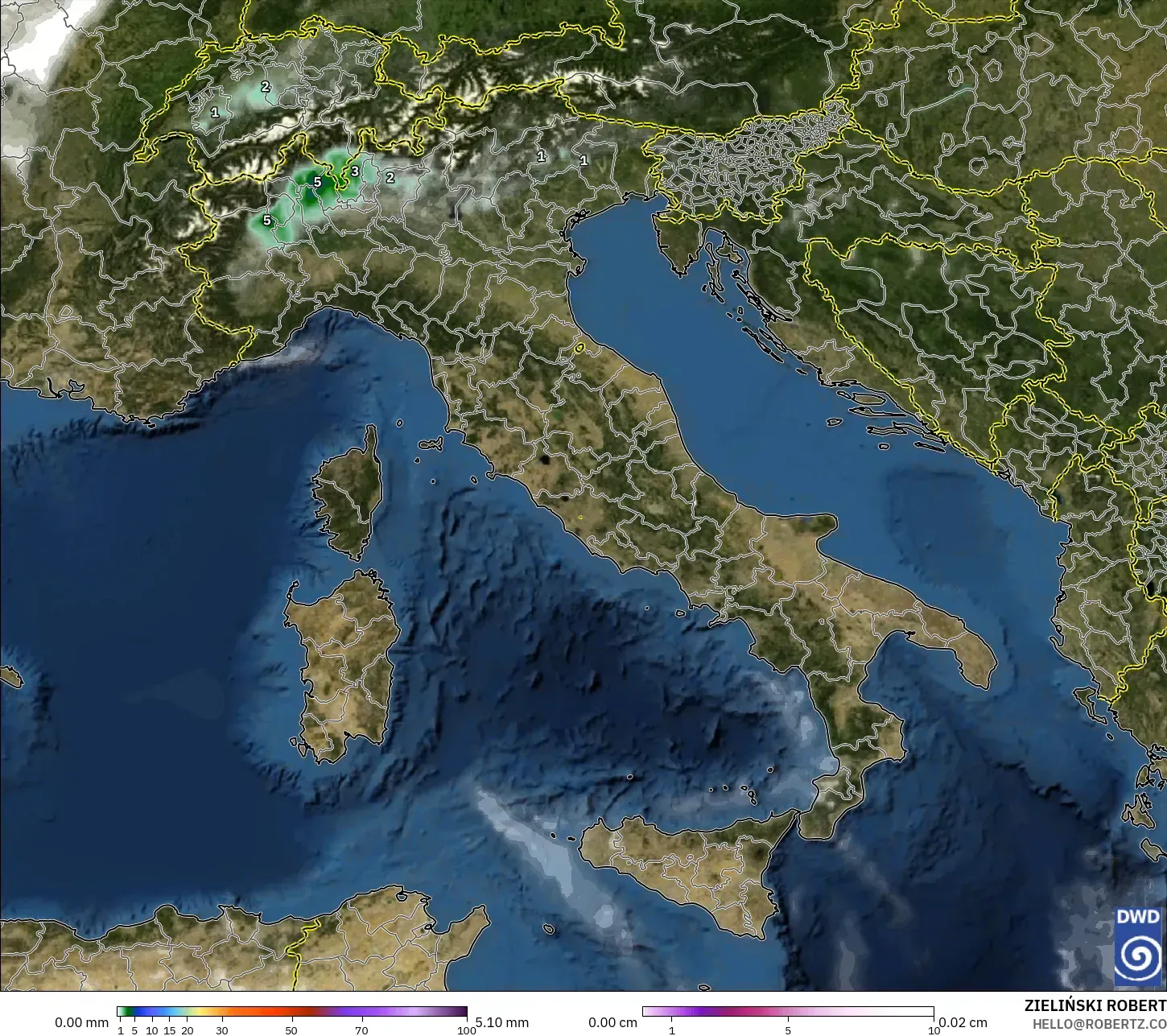 ICON modelo - Italia, Precipitación, nubes y presión