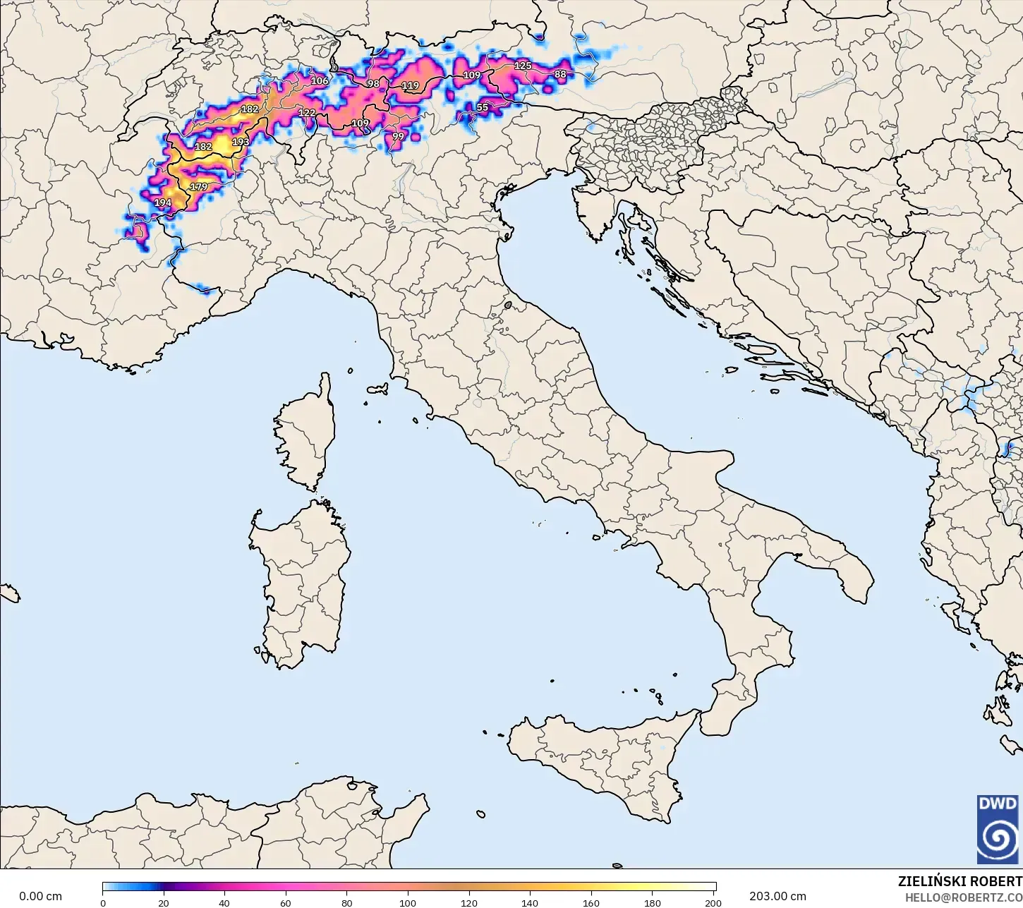 ICON modelo - Italia, Profundidad de nieve