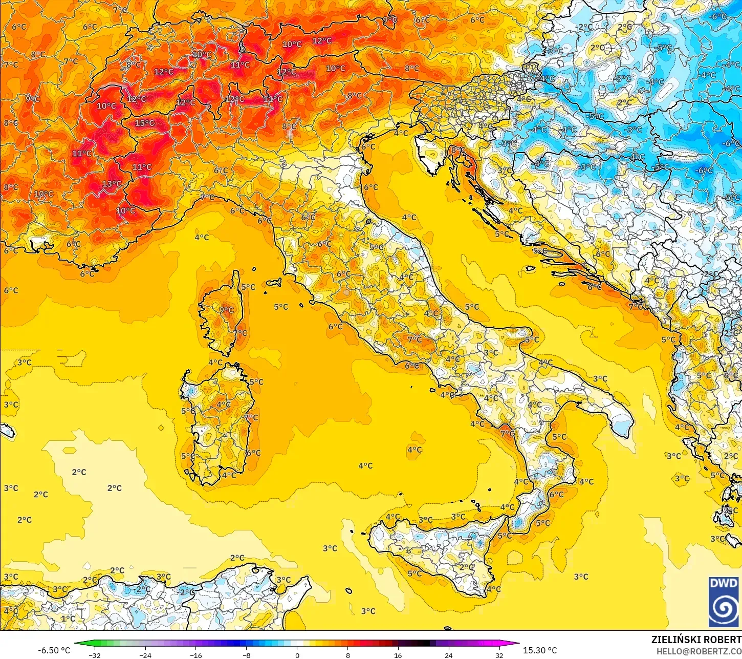 ICON modelo - Italia, Anomalía de temperatura a 2 m