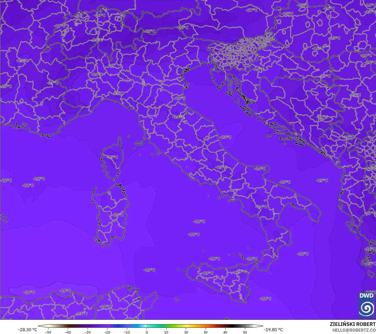 ICON modelo - Italia, Temperatura a 500 hPa