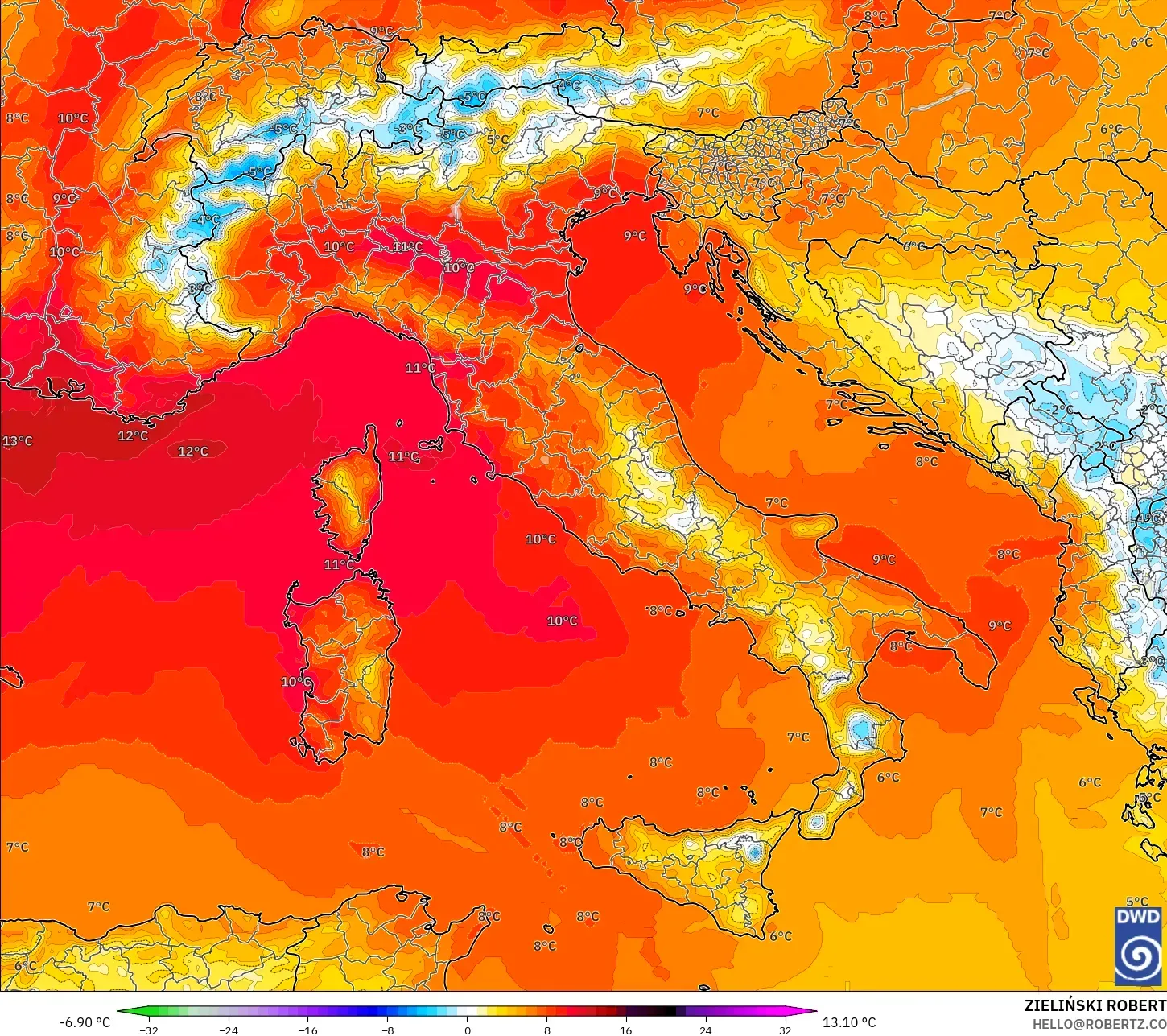 ICON modelo - Italia, Anomalía de temperatura a 850 hPa