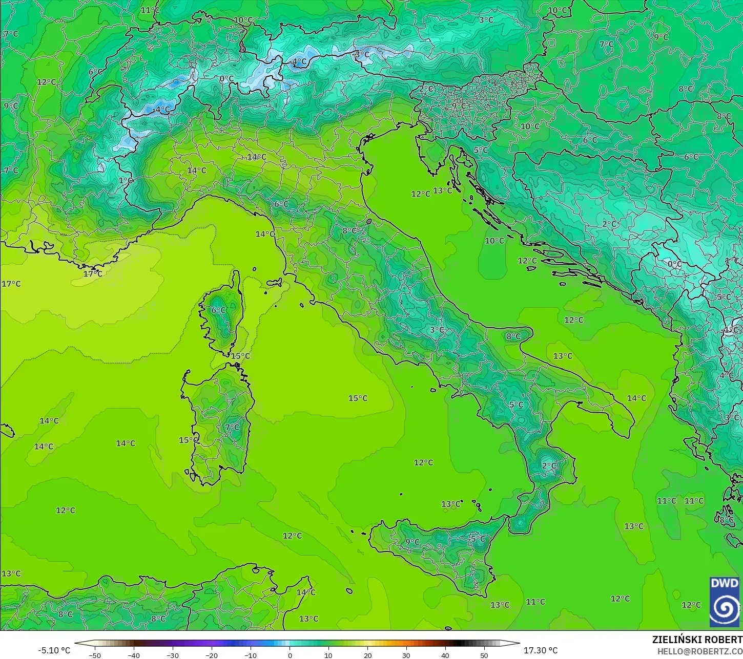 ICON modelo - Italia, Temperatura a 850 hPa