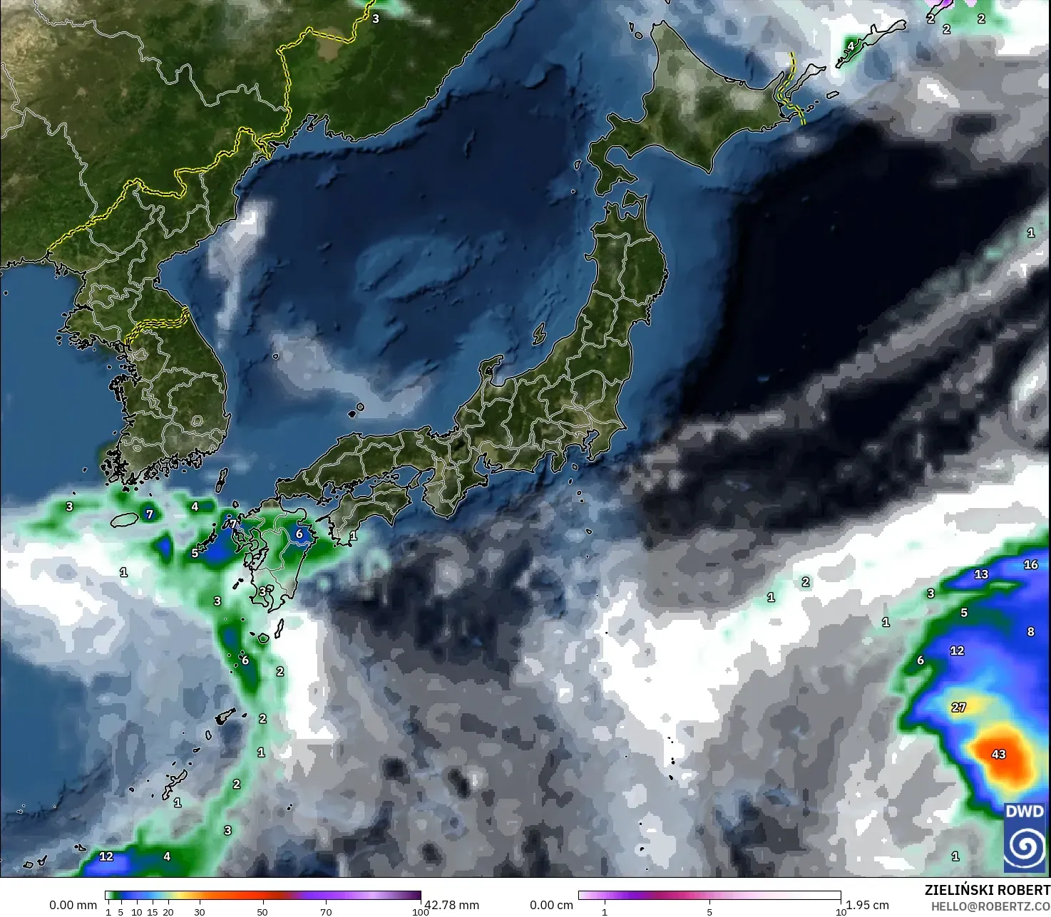 ICON modelo - Japón, Precipitación, nubes y presión