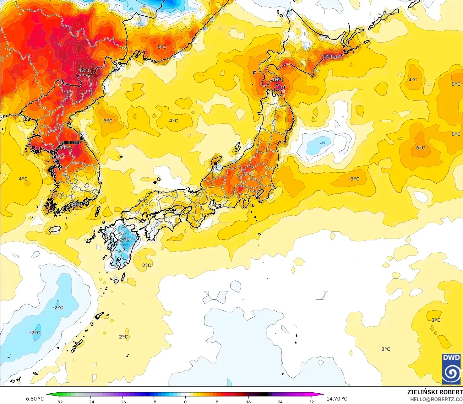 ICON modelo - Japón, Anomalía de temperatura a 2 m