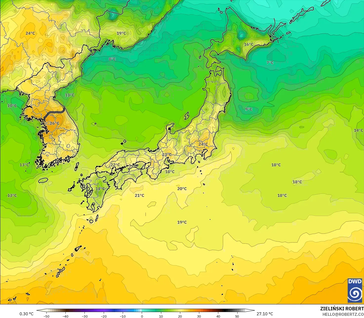 ICON modelo - Japón, Temperatura a 2 m