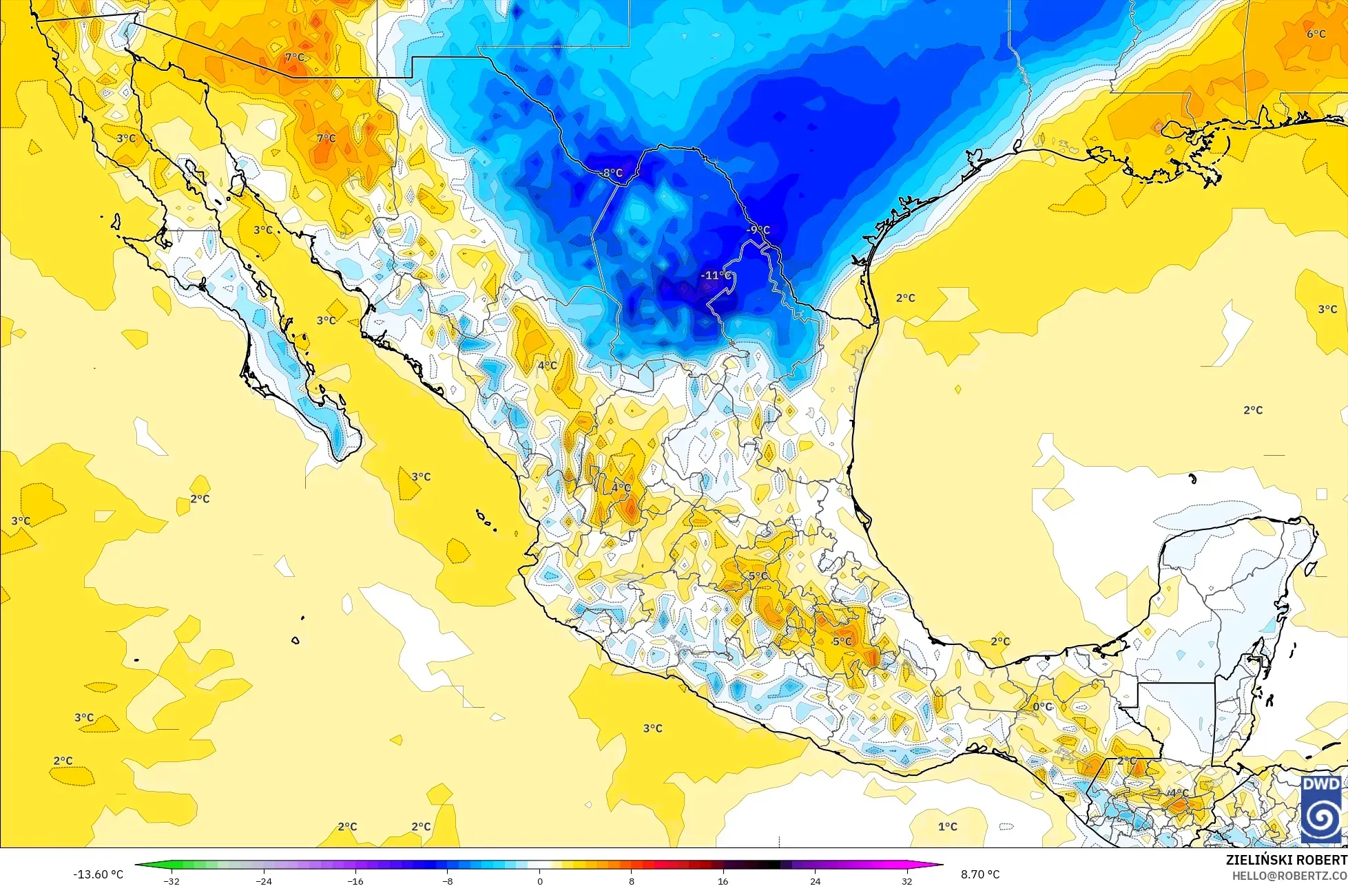 ICON modelo - México, Anomalía de temperatura a 2 m