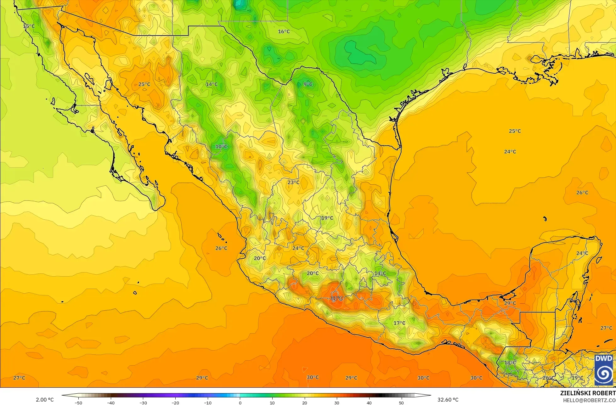 ICON modelo - México, Temperatura a 2 m