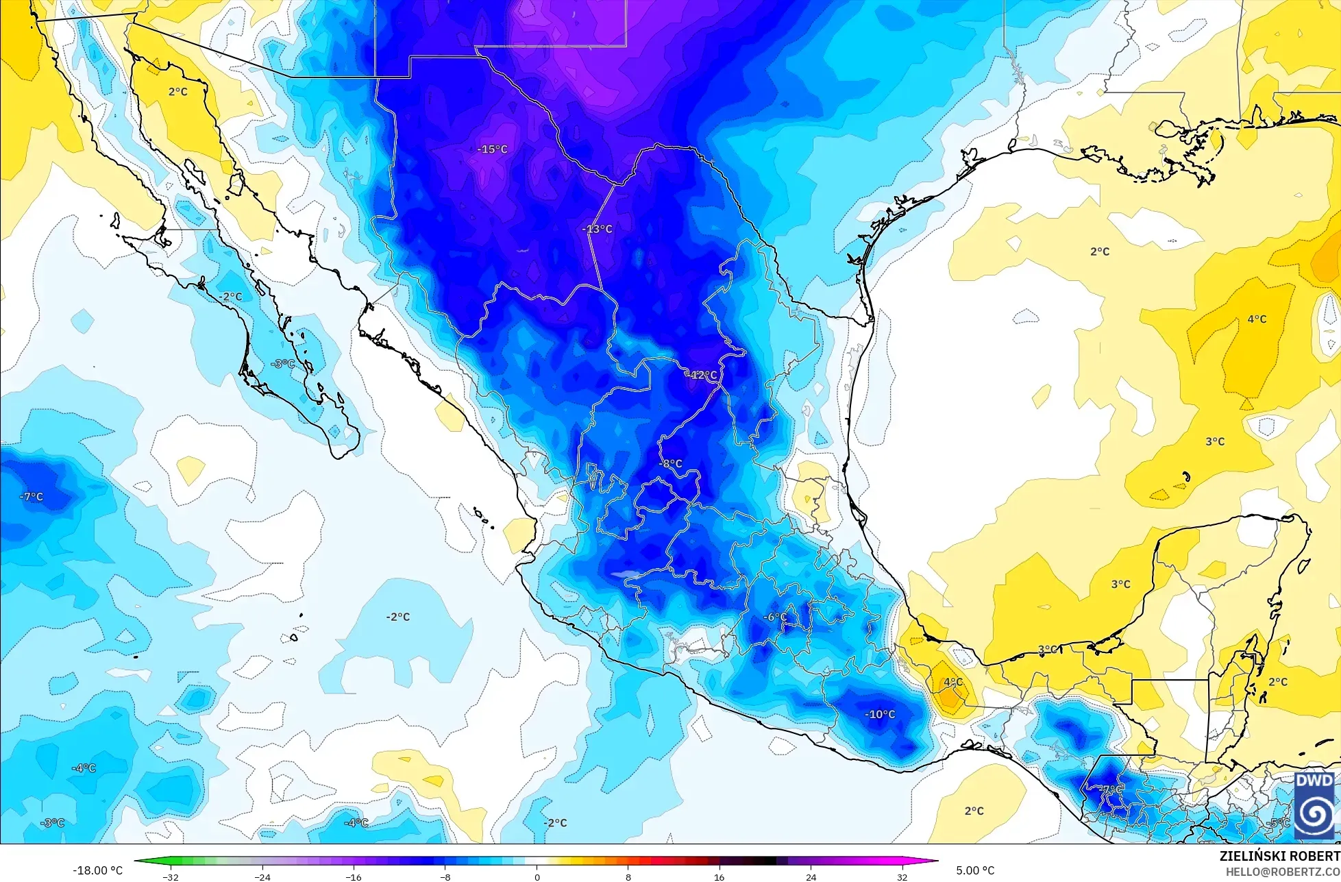 ICON modelo - México, Anomalía de temperatura a 850 hPa