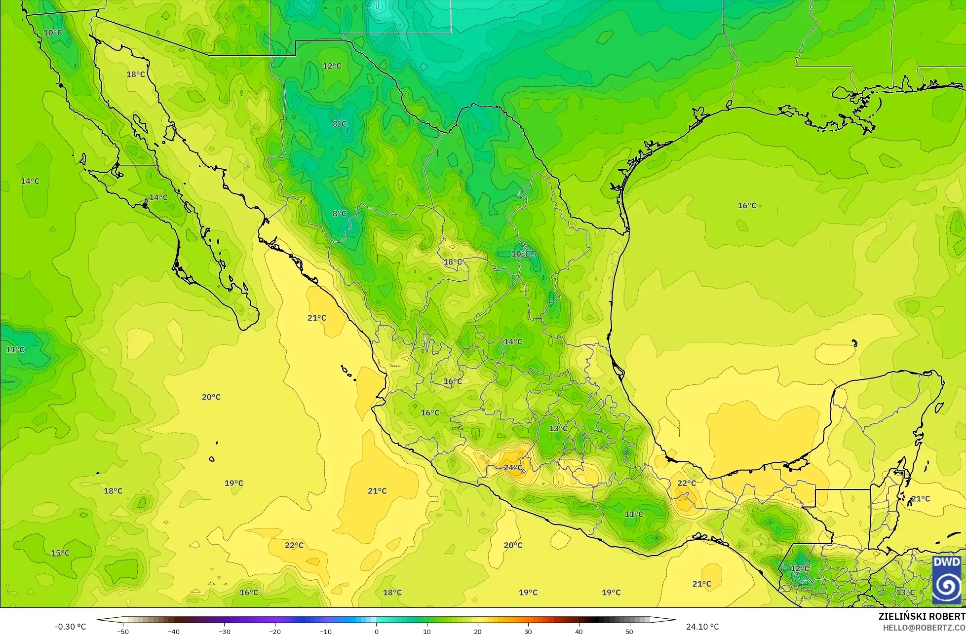 ICON modelo - México, Temperatura a 850 hPa