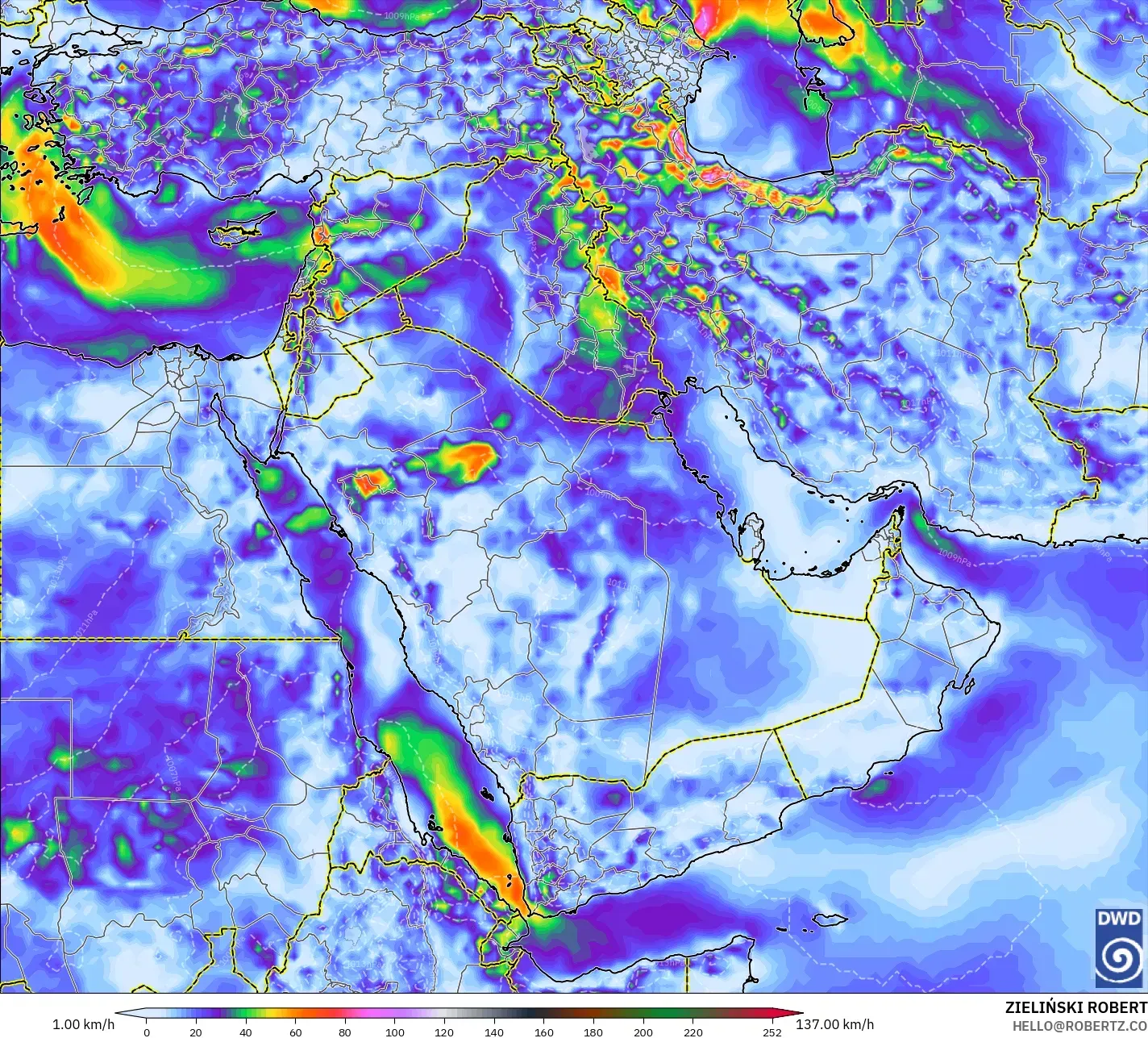 ICON modelo - Oriente Medio, Ráfagas de Viento Máximas