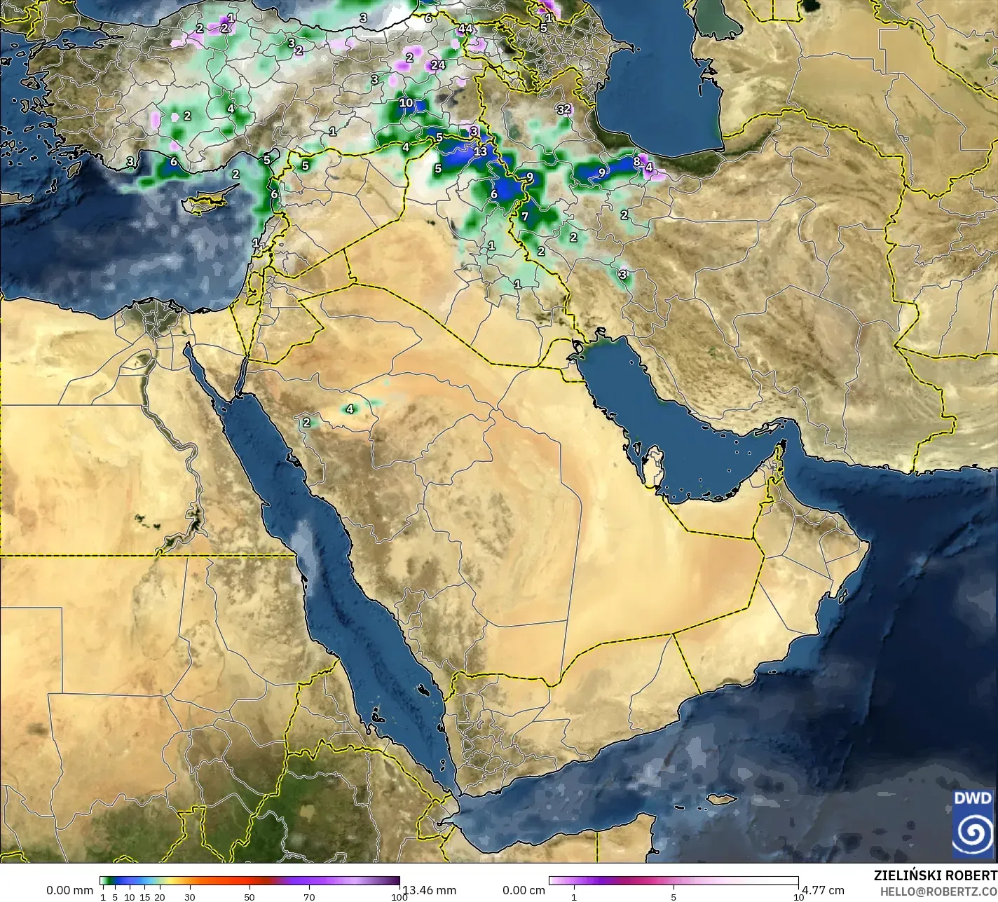 ICON modelo - Oriente Medio, Precipitación, nubes y presión