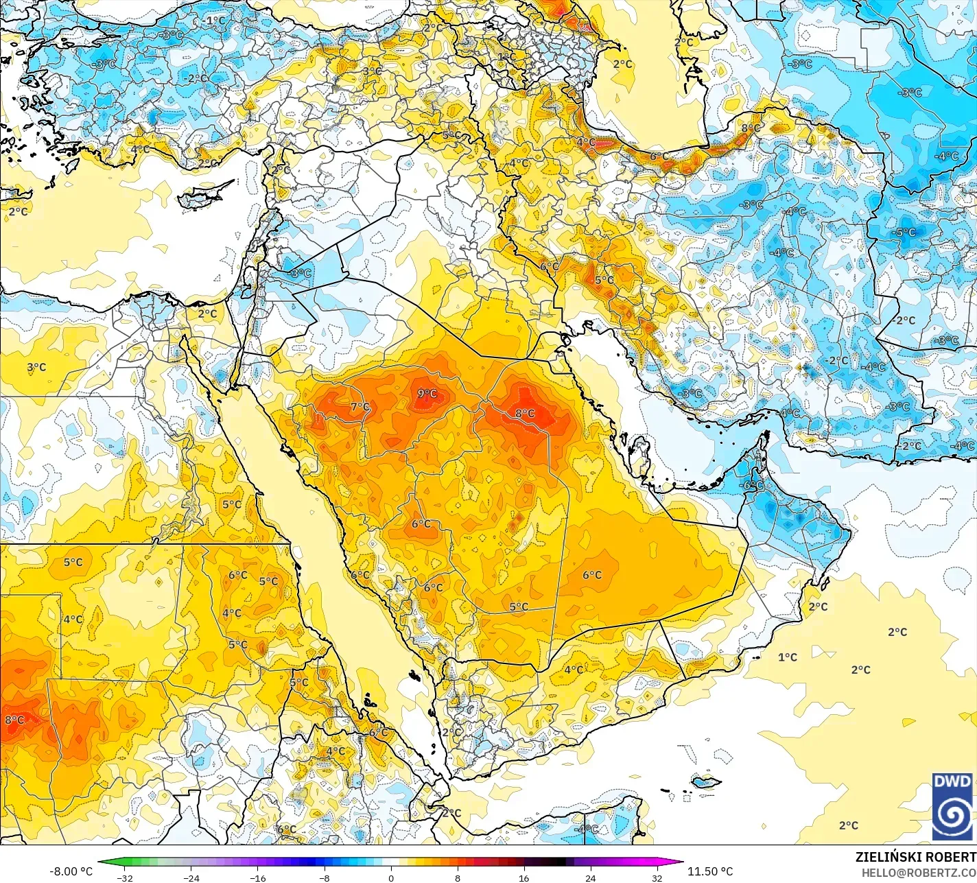 ICON modelo - Oriente Medio, Anomalía de temperatura a 2 m