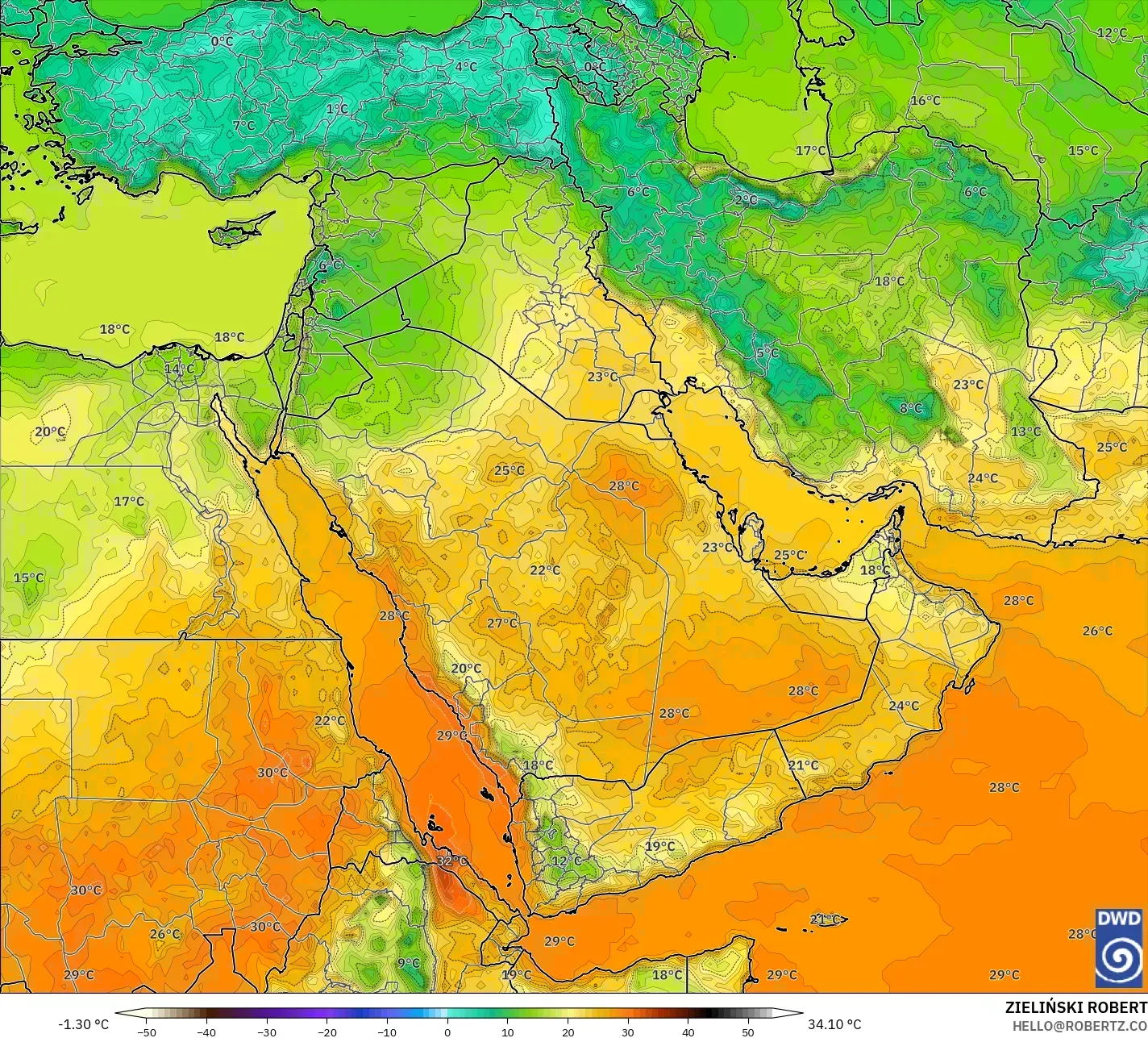 ICON modelo - Oriente Medio, Temperatura a 2 m